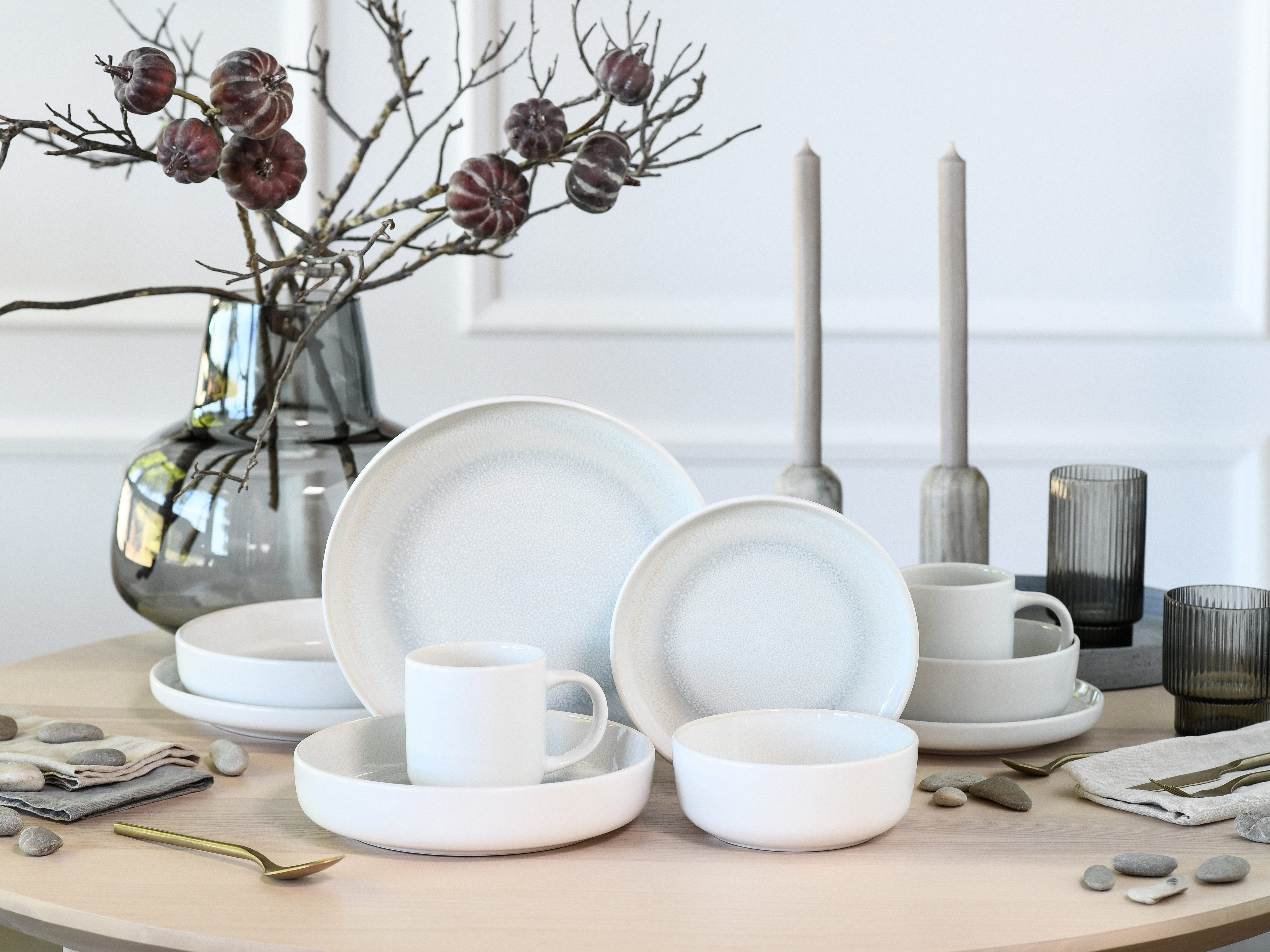 OTTO home Kombiservice modernes Geschirr-Set, Service Lykk (10-tlg), 2 Personen, Steinzeug, hohe Haltbarkeit, spülmaschinen- & mikrowellengeeignet, Reaktivglasur