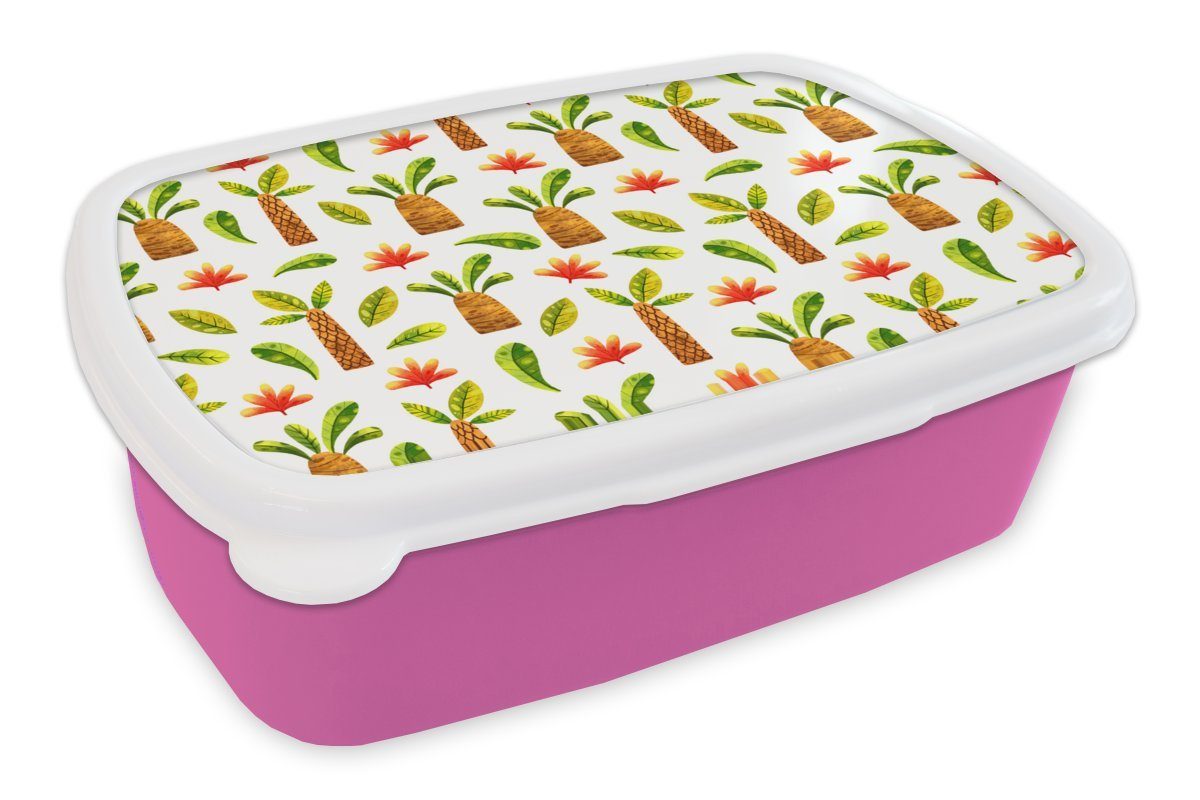 MuchoWow Lunchbox Dschungel - Blätter - Muster, Kunststoff, (2-tlg), Brotbox für Erwachsene, Brotdose Kinder, Snackbox, Mädchen, Kunststoff rosa