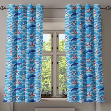 Gardine Dekorative 2-Panel-Fenstervorhänge für Schlafzimmer Wohnzimmer, Abakuhaus, Leuchtturm Gewellte Linien Dolphins