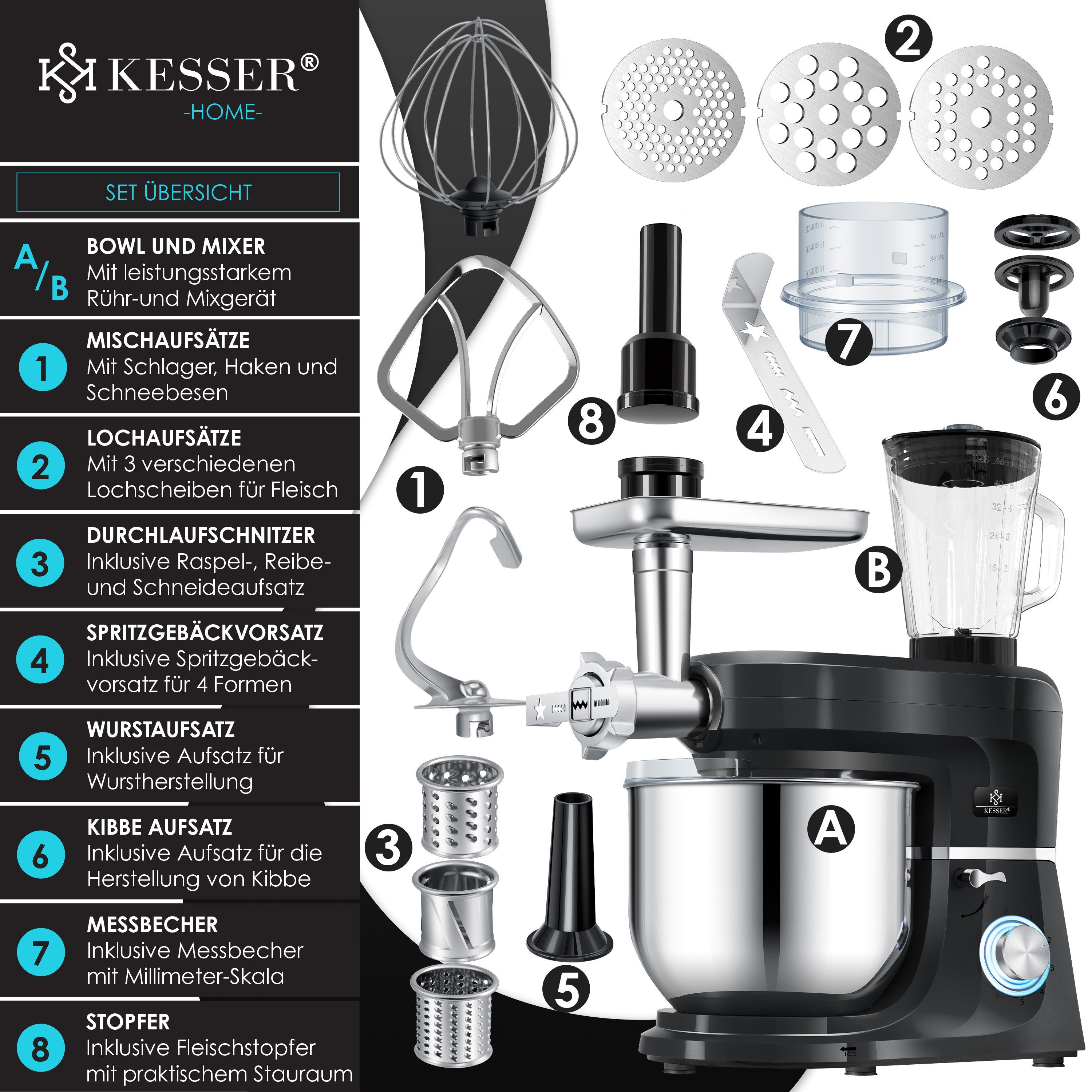 KESSER Küchenmaschine, Universal Küchenmaschine K-KM 3000 mit Fleischwolf Knetmaschine 5,5L
