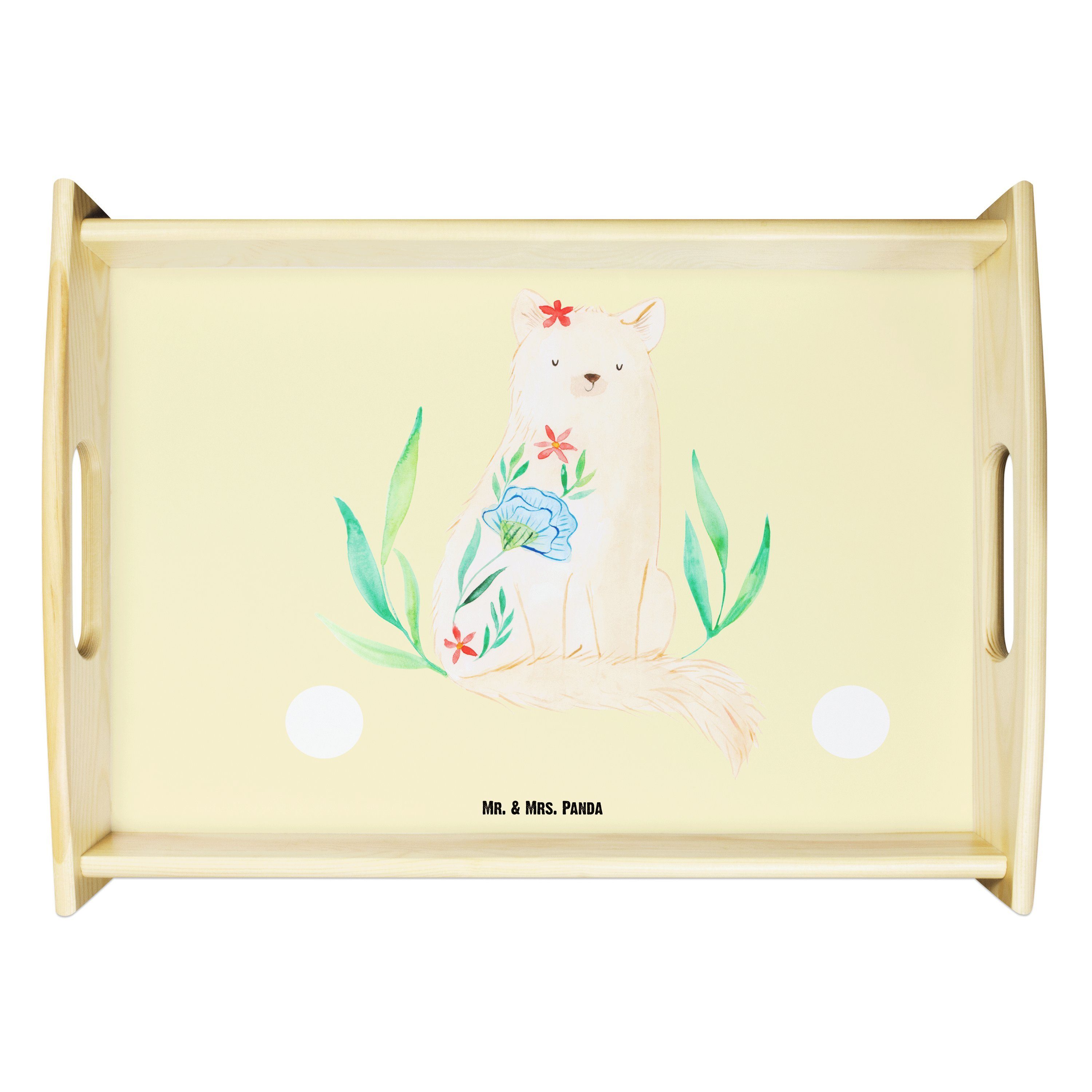 Mr. & Mrs. Panda Tablett Katze Blumen - Gelb Pastell - Geschenk, Dekotablett, Frühstückstablet, Echtholz lasiert, (1-tlg)
