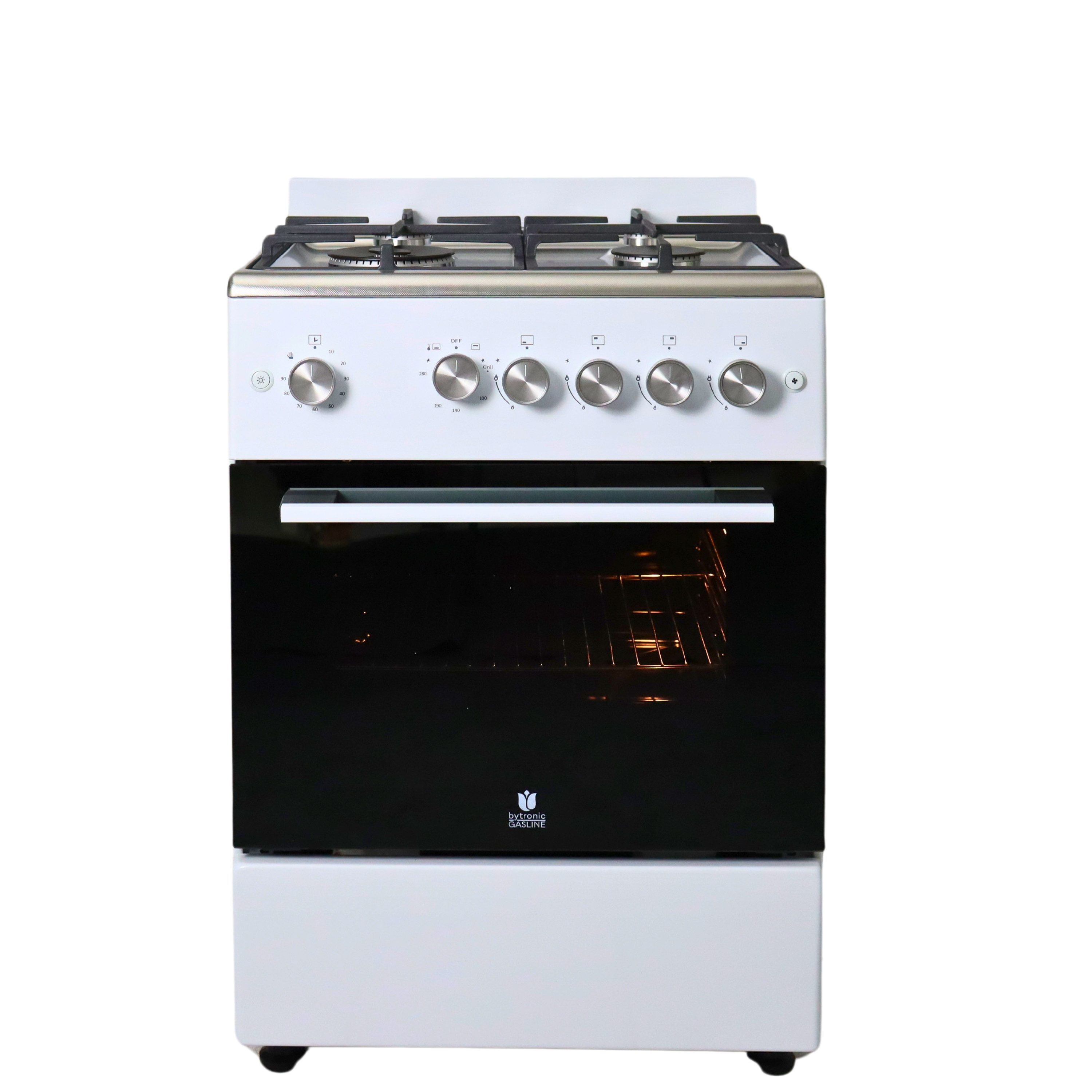 Gasline Gas-Standherd Gasbackofen mit Thermostat, 60cm breit SHGG6060FGWW, mit Grill, Umluft und Backofenbeleuchtung, Weiß / Strukturiertes Edelstahl-Kochfeld, elektrische Zündung, Erdgas Propangas