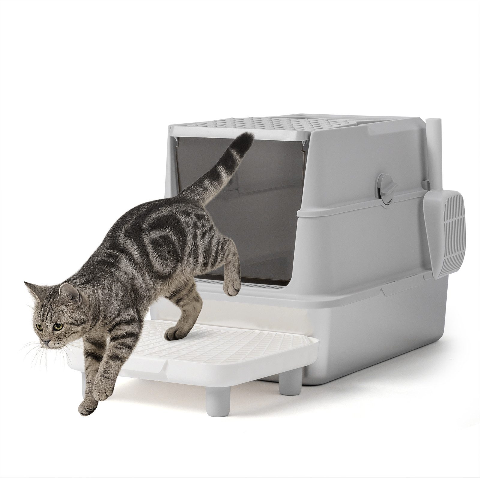 LALAHO Katzentoilette Katzenklo Edelstahl mit Pedal und Spaten, 60 x 40 x 46CM, Große Geschlossen Katzentoilette, für Katzen