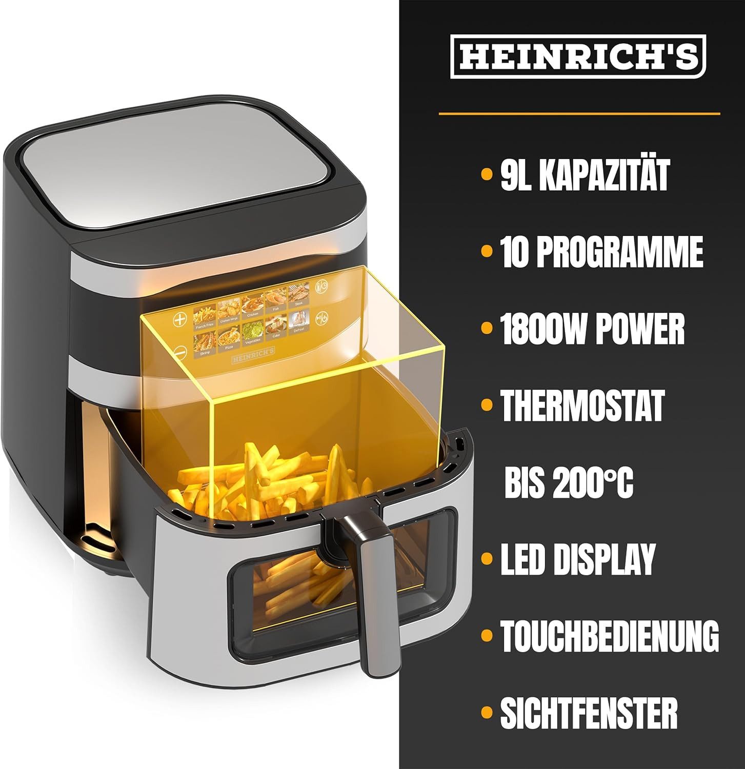 Heinrich´s Heißluftfritteuse, 1800 W, LED-Display mit Touch Bedienung, spülmaschinenfest