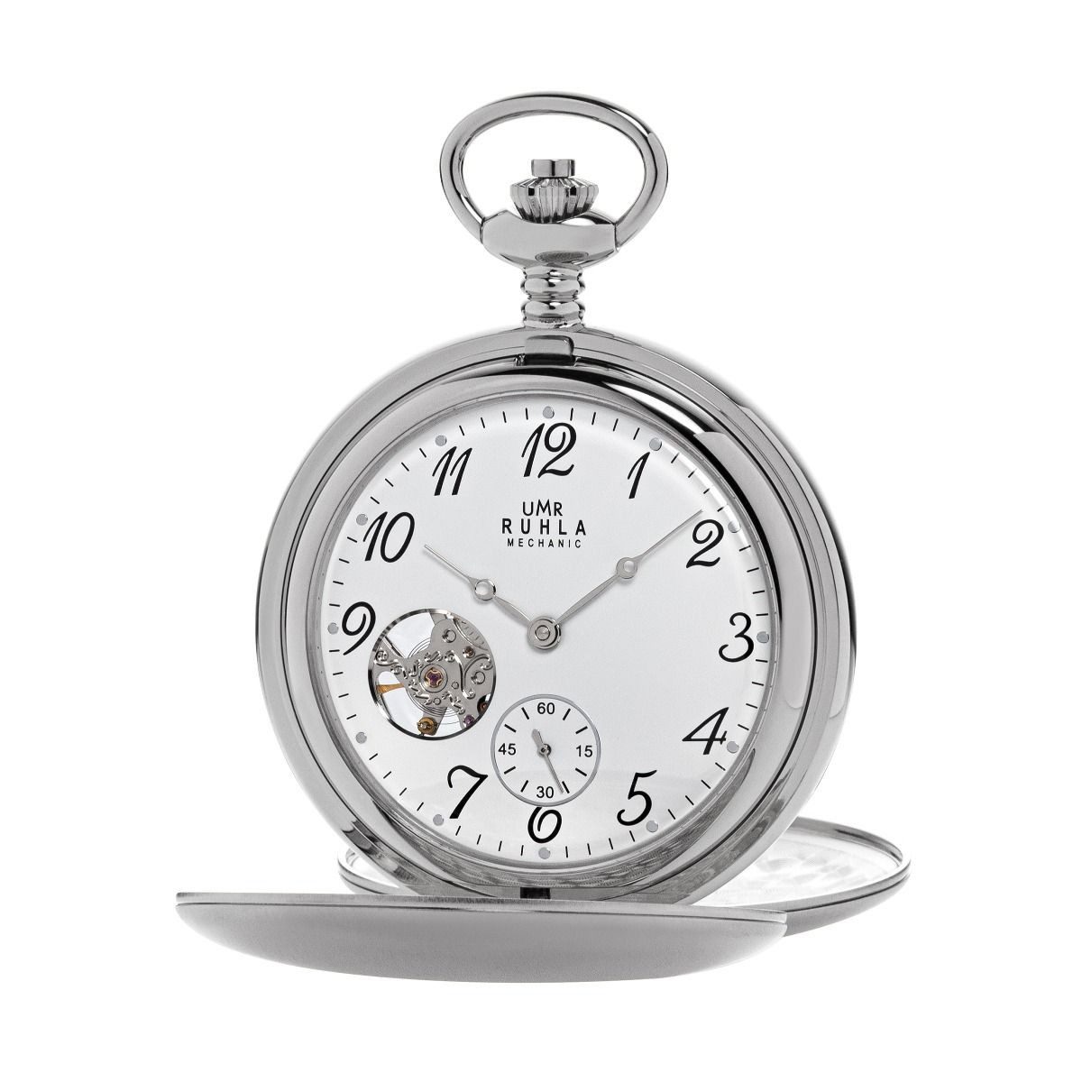 UMR Ruhla Taschenuhr 5474-1, Mechanische Uhr mit Handaufzug - aus satiniertem Edelstahl, mit doppelseitigem Sprungdeckel und offener Sprungmechanik