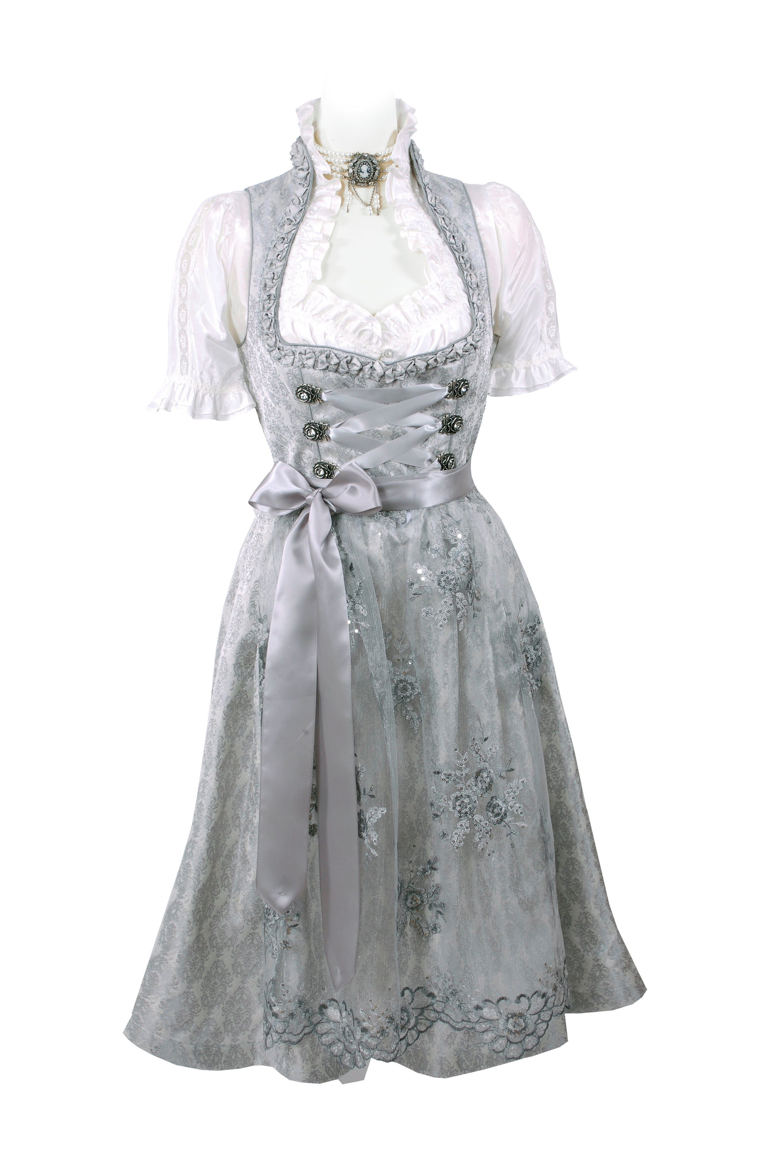 Moschen-Bayern Dirndl Midi Dirndl kurz Damen Trachtenkleid Oktoberfest Wiesn-Dirndl 70 cm Spitzenschürze elegant festlich Hochzeit Silber kurz, Trachtenkleid, Midi, Stickerei, Hochzeitsdirndl, Spitze, festlich, Dirndl