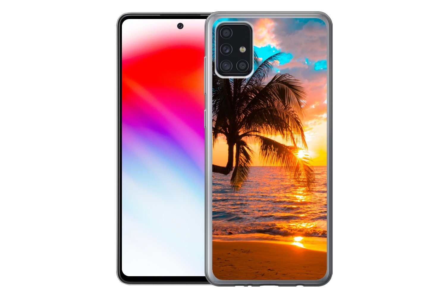 MuchoWow Handyhülle für Samsung Galaxy A52 5G Palme - Sonnenuntergang - Horizont - Strand, Smartphone-Bumper, Print, Handy Schutzhülle Dünn