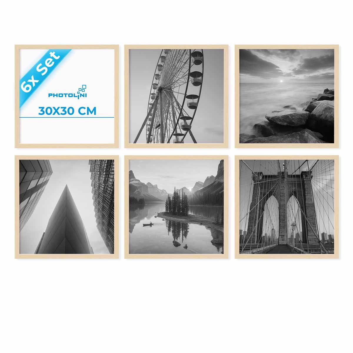 PHOTOLINI Bilderrahmen Sets quadratisch 30x30 cm aus MDF Holz mit Acrylglas & Zubehör, für 6 Bilder (6er Set), 6er Set moderne Posterrahmen Natur