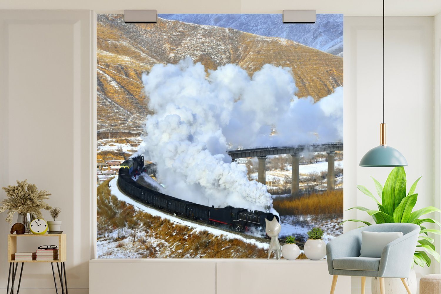 bedruckt, Wohnzimmer Wandtapete (5 in verschneiten Matt, Tapete oder einer Fototapete Landschaft, Dampflokomotive Vinyl St), für MuchoWow Schlafzimmer,
