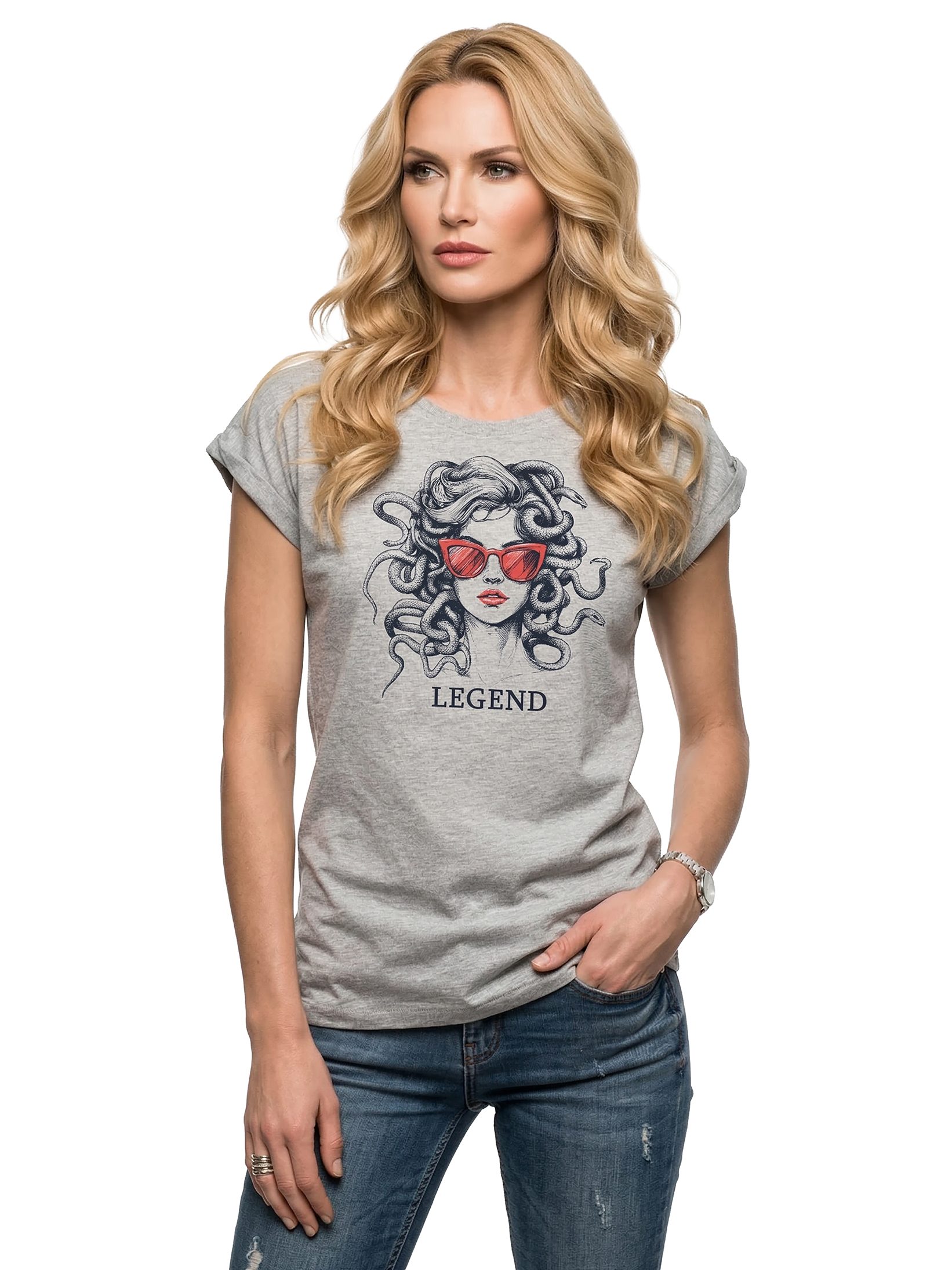 MAKAYA T-Shirt Medusa Damen-Top – Frauenmotiv mit Sonnenbrille & Schlangen (Weiß, Rosa, Hellgrau, 34, 36, 38, 40, 42, 44, 46, 48, 50) Baumwolle