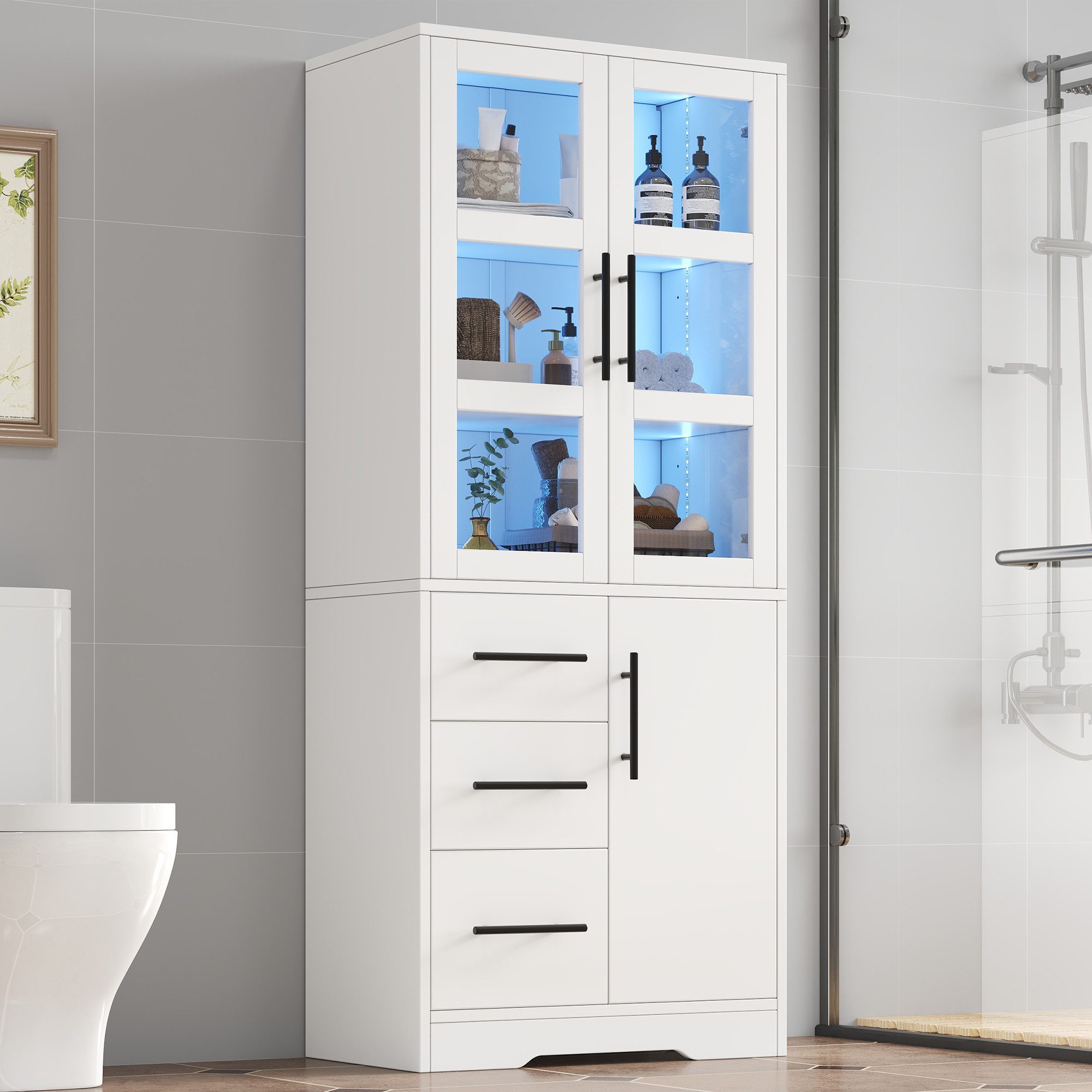Flieks Hochschrank Badkommode Glasvitrine mit LED-Beleuchtung & Glastüren & Schubladen (1-St., 72x35x170 cm) Bücherregal Mehrzweckschrank mit verstellbarer Einlegeböden Weiß