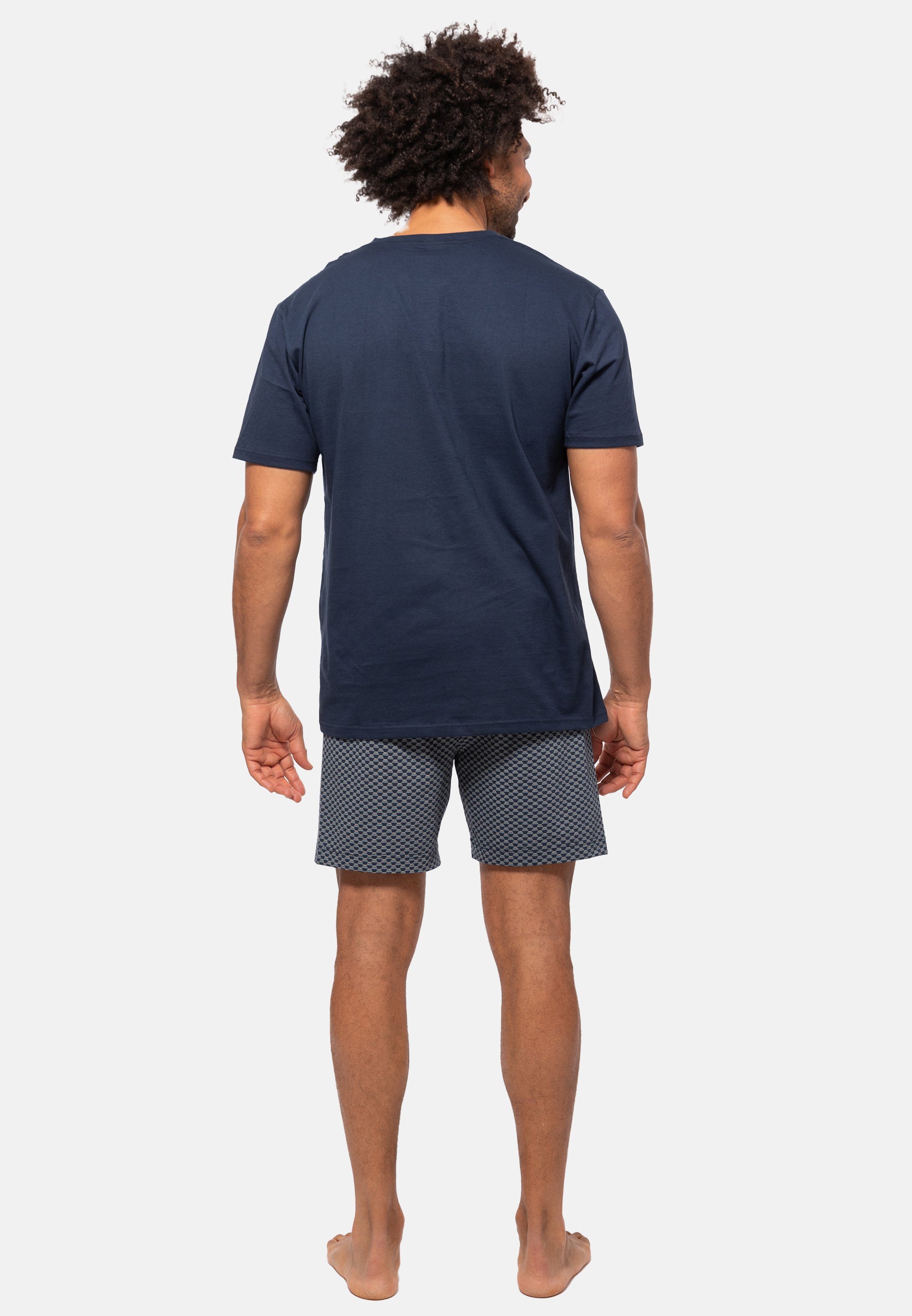 Ammann Pyjama Organic Blau kurzer (Set, Hose tlg) gemustert Cotton Schlafanzug - Shirt und Kurzarm 2 aus - Baumwolle Set
