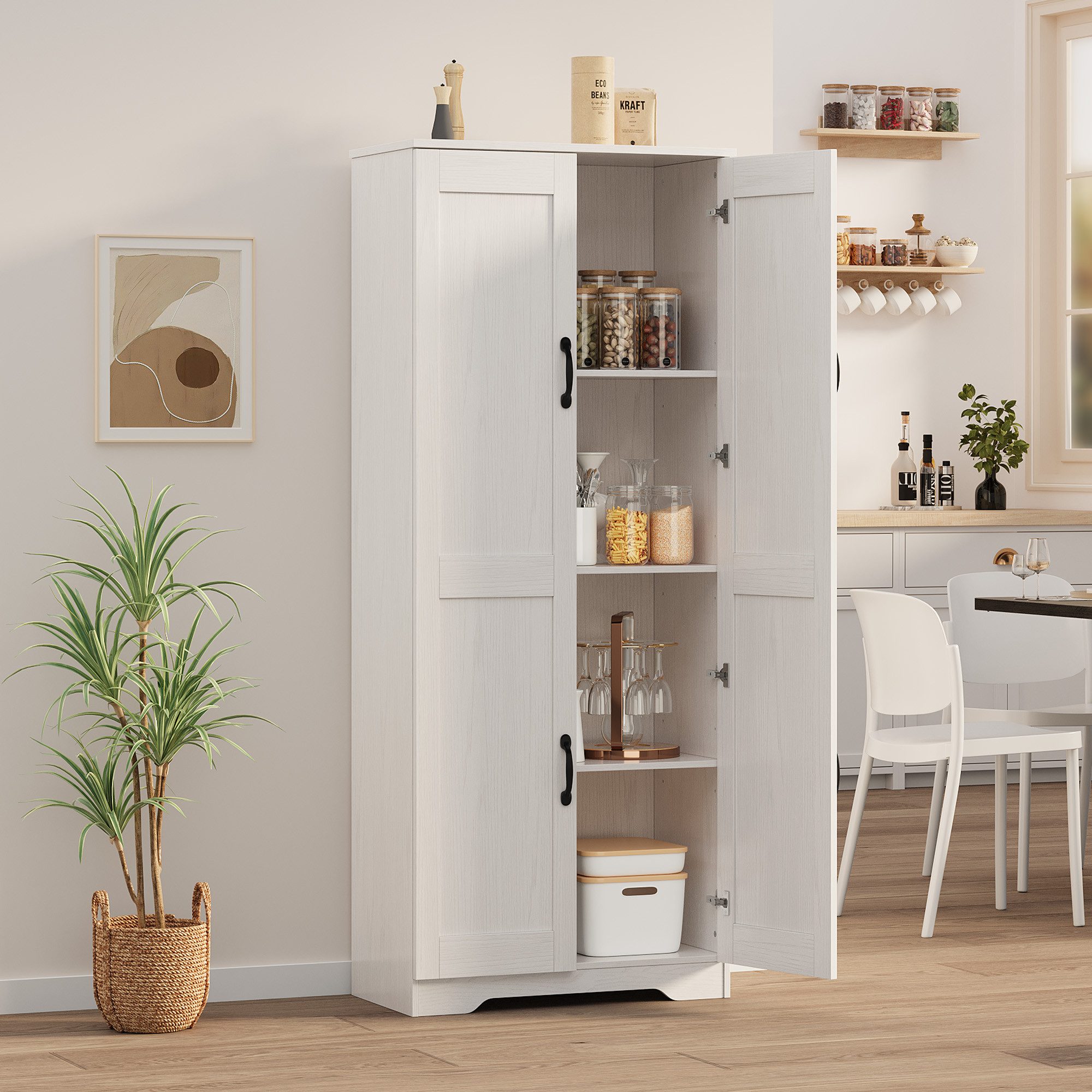 GarveeMore Hochschrank Standschrank mit 2 Türen für Wohnzimmer, Küche, Bad, 150 cm hoch höhenverstellbare Böden, Kippschutz, Esche-Optik, weiß/schwarz