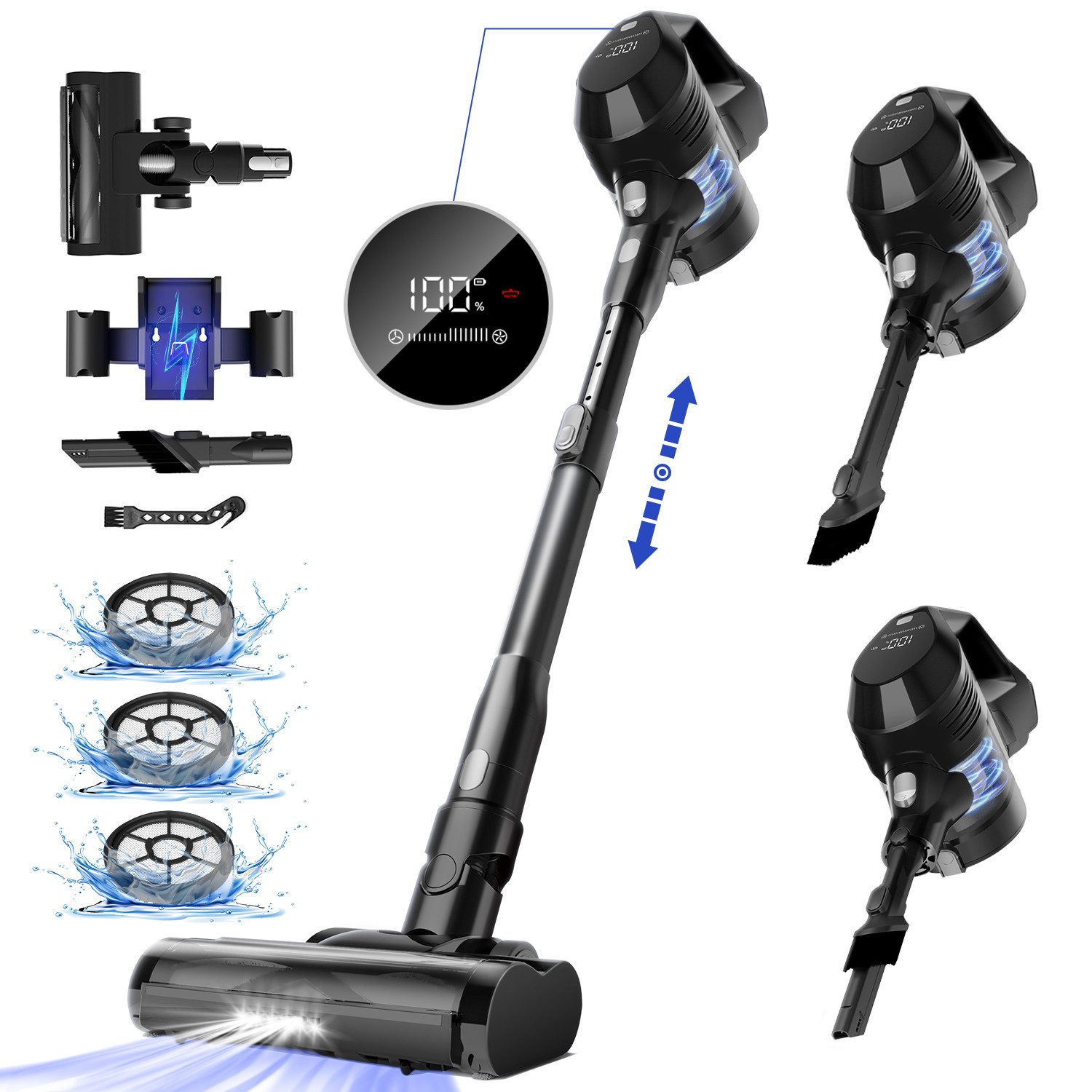 Homimaster Akku-Hand-und Stielstaubsauger Akku Staubsauger,45KPa Akkusauger,Kabelloser Staubsauger,AKKU,HEPA*4, 450 W, handstaubsauger mit akku, Staubsauger mit 2200mAh Langzeitakku, Bis zu 50 Min Laufzeit, 1.8L Staubbehälter, Kabelloser Staubsauger für Tierhaare, Teppich und Hartböden