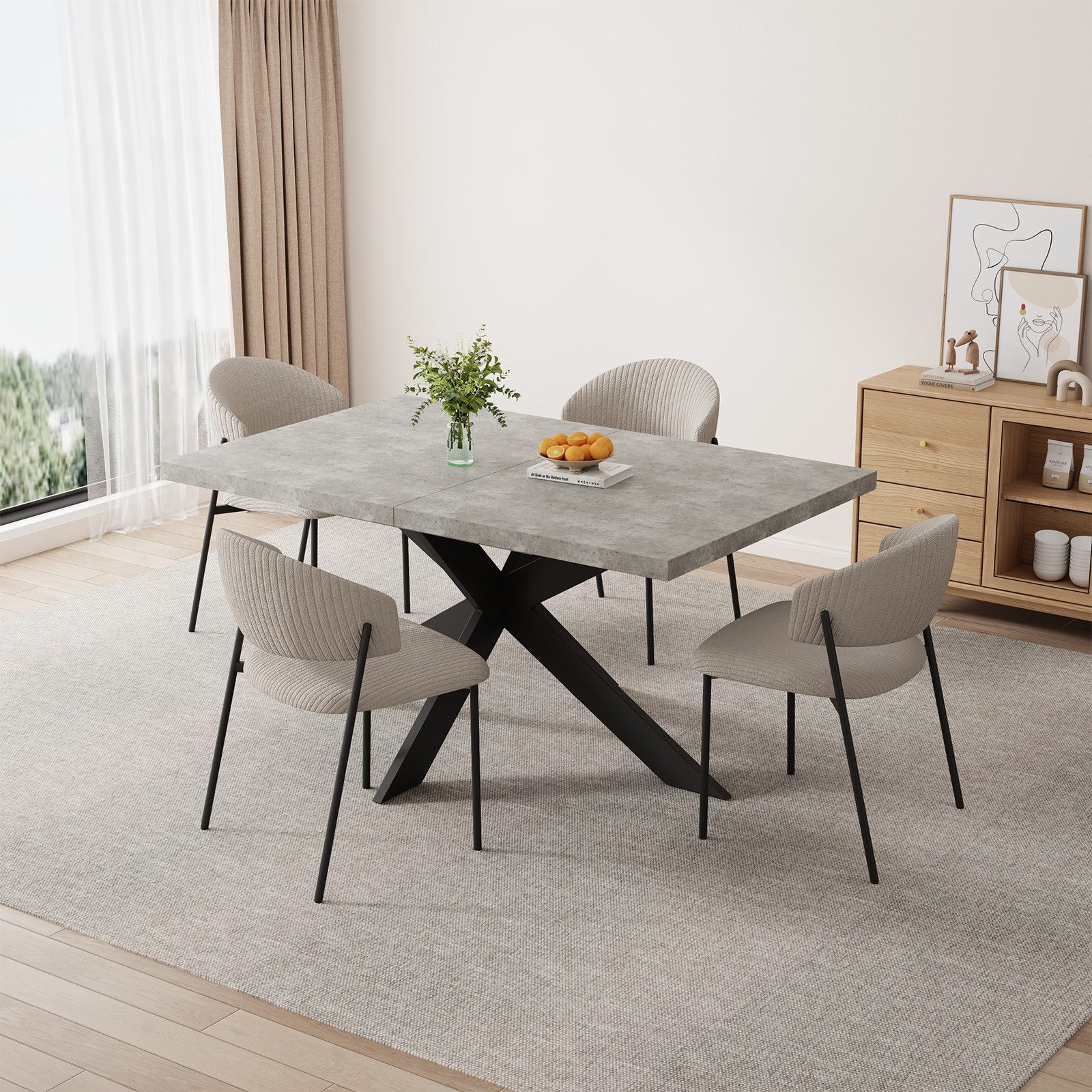Jiexi Esstisch Tisch-und Stuhlset, Ausziehbarer Esstisch (130–170 cm) mit 4-6 Stühlen, ausziehbarer, hohe Härte, für 6 Personen