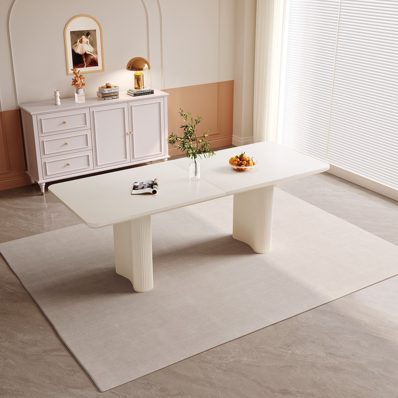 Guyii Esstisch 200 cm Cremeweiß, rechteckiger Küchentisch mit runden Ecken (1-St), stabile Verdickte Beine, pflegeleicht, minimalistisches Design