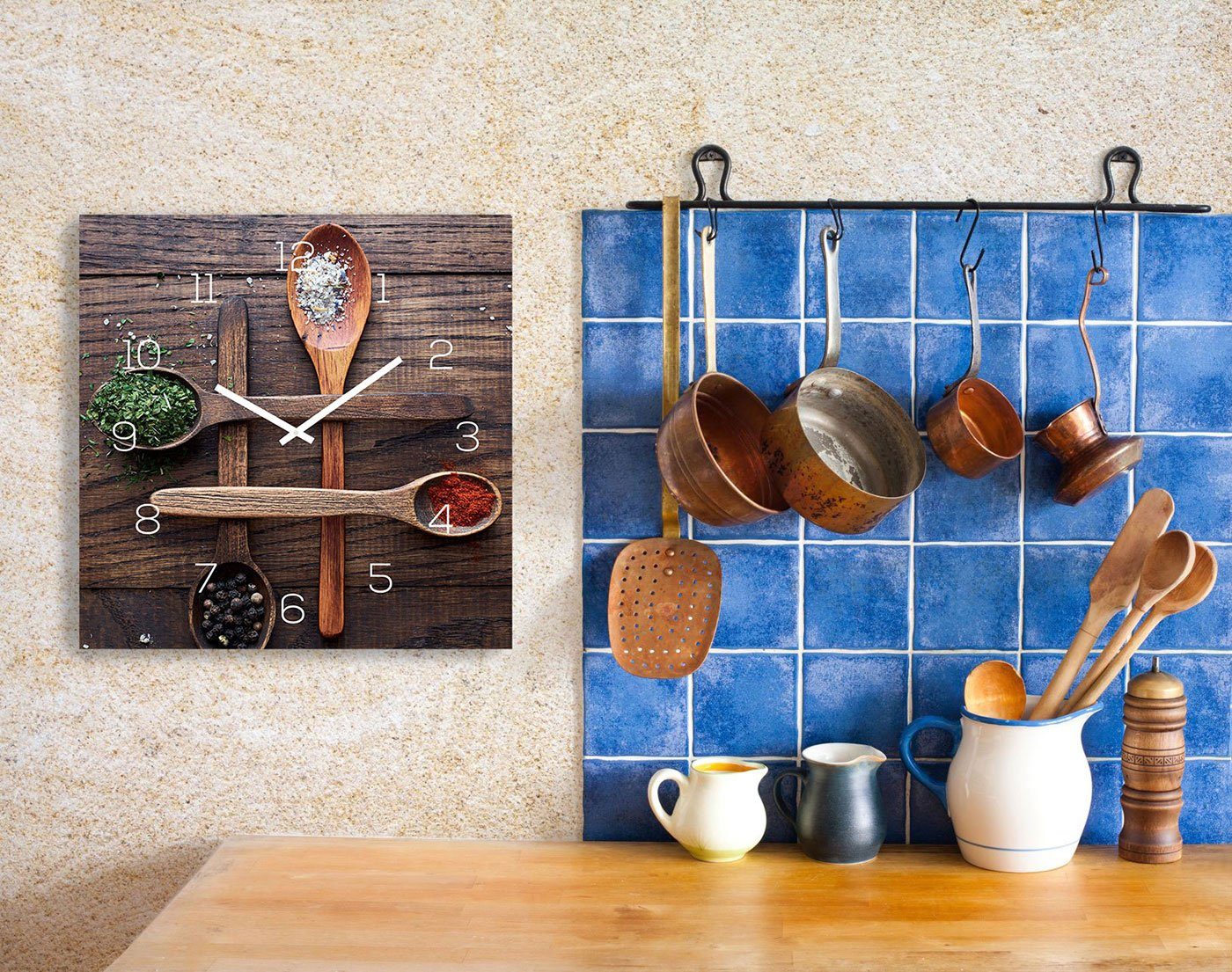 Levandeo® Wanduhr (Wanduhr 30x30cm Alu-Dibond Küchenuhr Gewürze Alubild Uhr günstig online kaufen