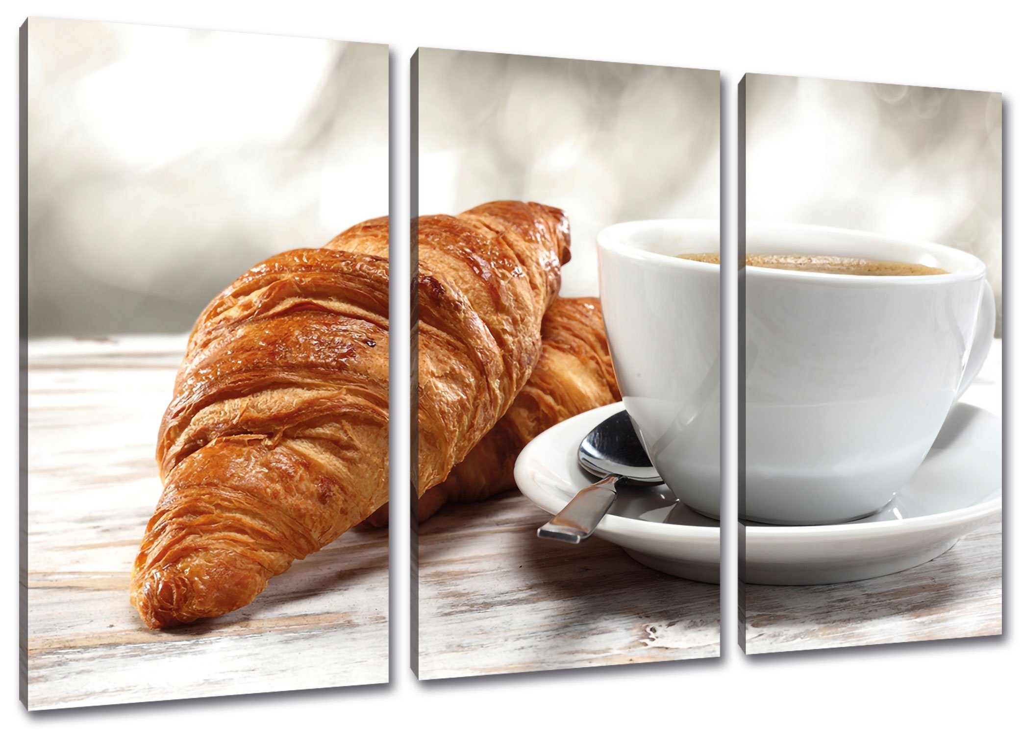 Pixxprint Leinwandbild Frisches Croissant und Kaffee, Frisches Croissant und Kaffee 3Teiler (120x80cm) (1 St), Leinwandbild fertig bespannt, inkl. Zackenaufhänger