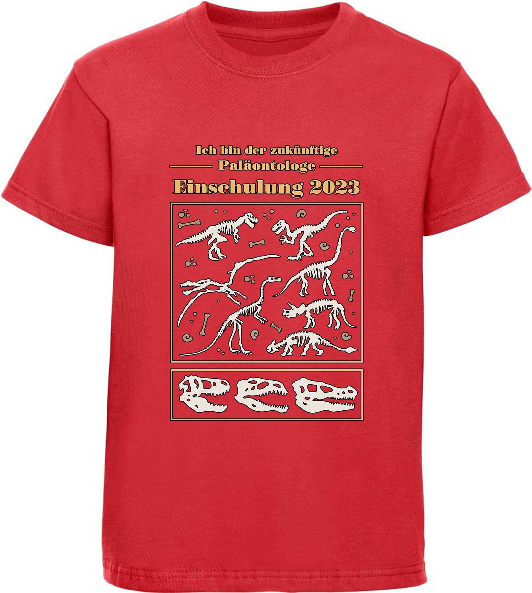 MyDesign24 Print-Shirt rot, bedrucktes Kinder Dino Einschulung T-Shirt 2023, i36 blau, Paläontologe mit Baumwollshirt schwarz, Skeletten weiß, zukünftige