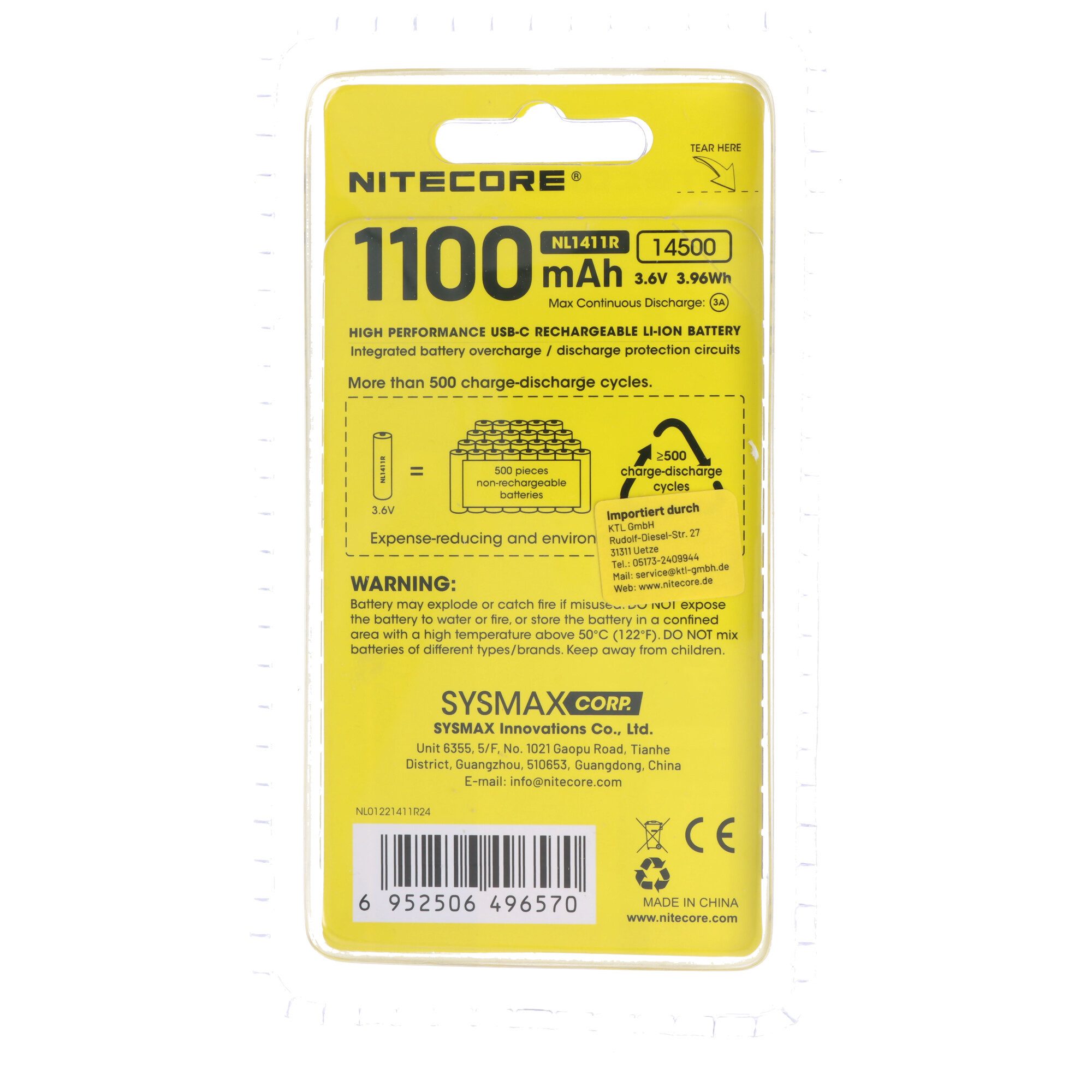 Nitecore Li-Ion Akku 14500, Typ NL1411R, 3,6V 1100mAh, mit USB-C-Ladeanschluss Akku 1100 mAh (3,6 V)