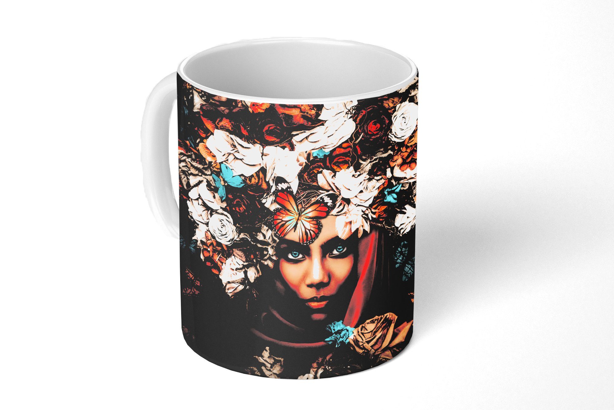 MuchoWow Tasse Blumen - Schmetterling - Frauen - Kopftuch, Keramik, Kaffeetassen, Teetasse, Becher, Teetasse, Geschenk | Tassen