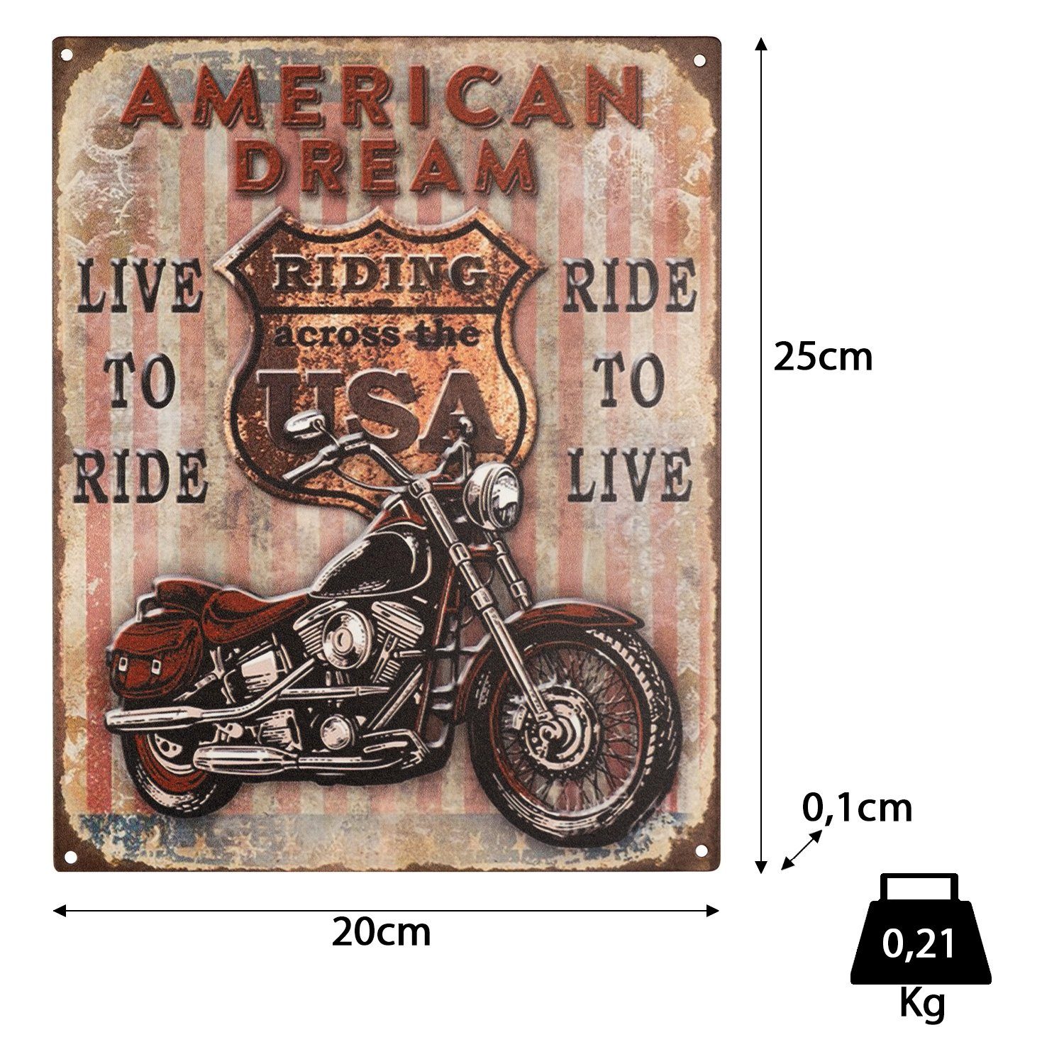Moritz Metallschild Blechschild American Dream Live To Ride USA, (Einzeln), 20 x 25cm Vintage Retro Deko Schild Metallschild Wandbild Schild