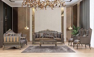 Casa Padrino Sessel Luxus Barock Ohrensessel Blau / Grau / Gold 75 x 83 x H. 115 cm - Prunkvoller handgefertigter Wohnzimmer Sessel mit dekorativem Kissen - Barock Wohnzimmer Möbel