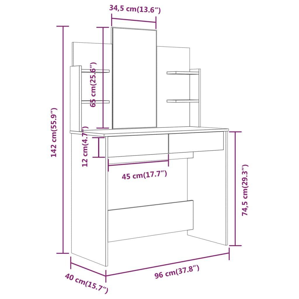 Schminktisch Sonoma cm (1-St) mit vidaXL 96x40x142 Grau Schminktisch Grau | Sonoma Grau Sonoma Spiegel