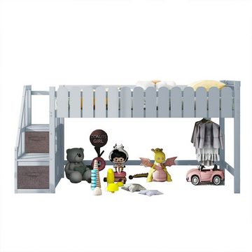 XDeer Etagenbett Kinderbett Massivholzbett mit Lattenrost Sicherheitsleiter, Kleiderbügel Aufbewahrungsbox Nachttisch USB-Anschluss Grau