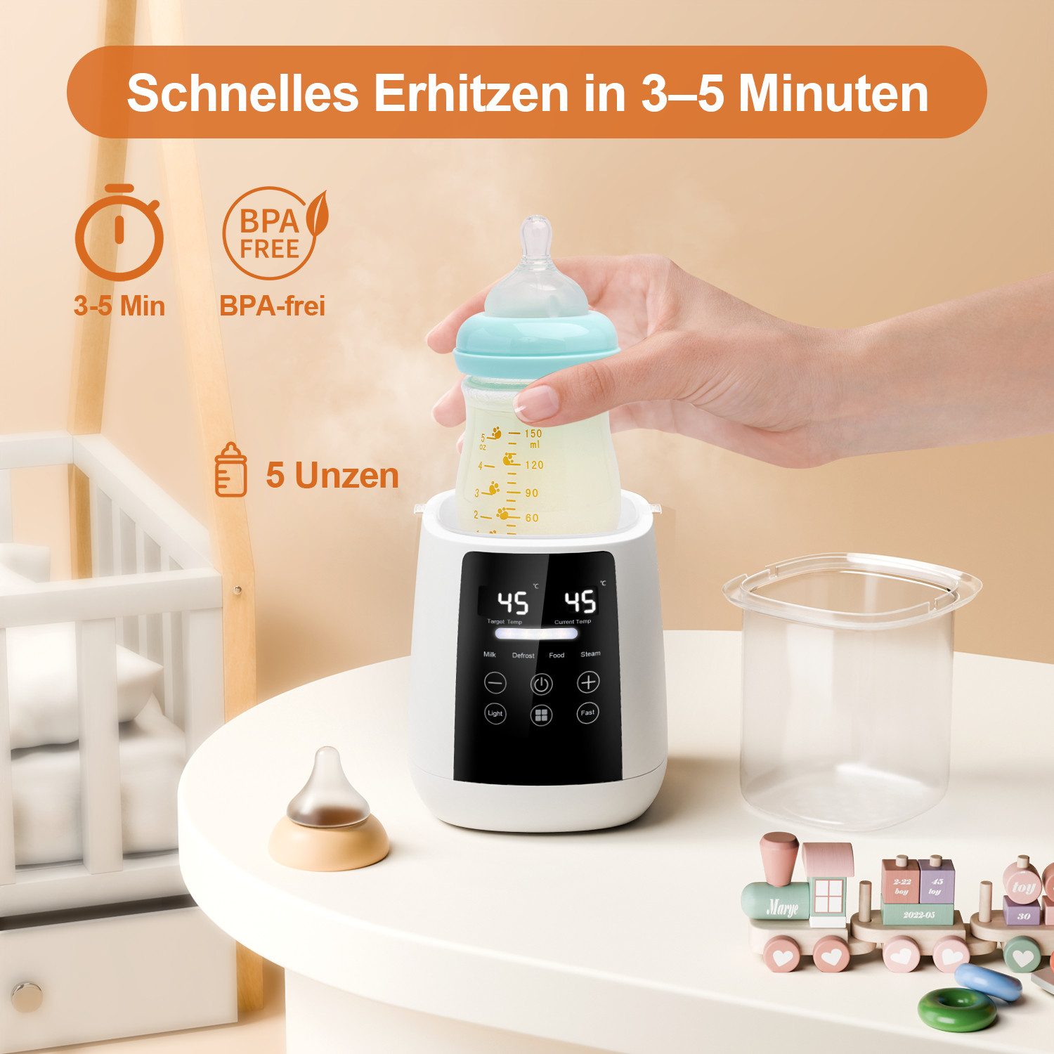 CkeyiN Babyflaschenwärmer unterwegs 6-in-1 Babyfläschchenwärmer Sterilisator für Babyflaschen, präziser Temperaturkontrolle 24h-Wasserkonservierung Timer LCD-Display
