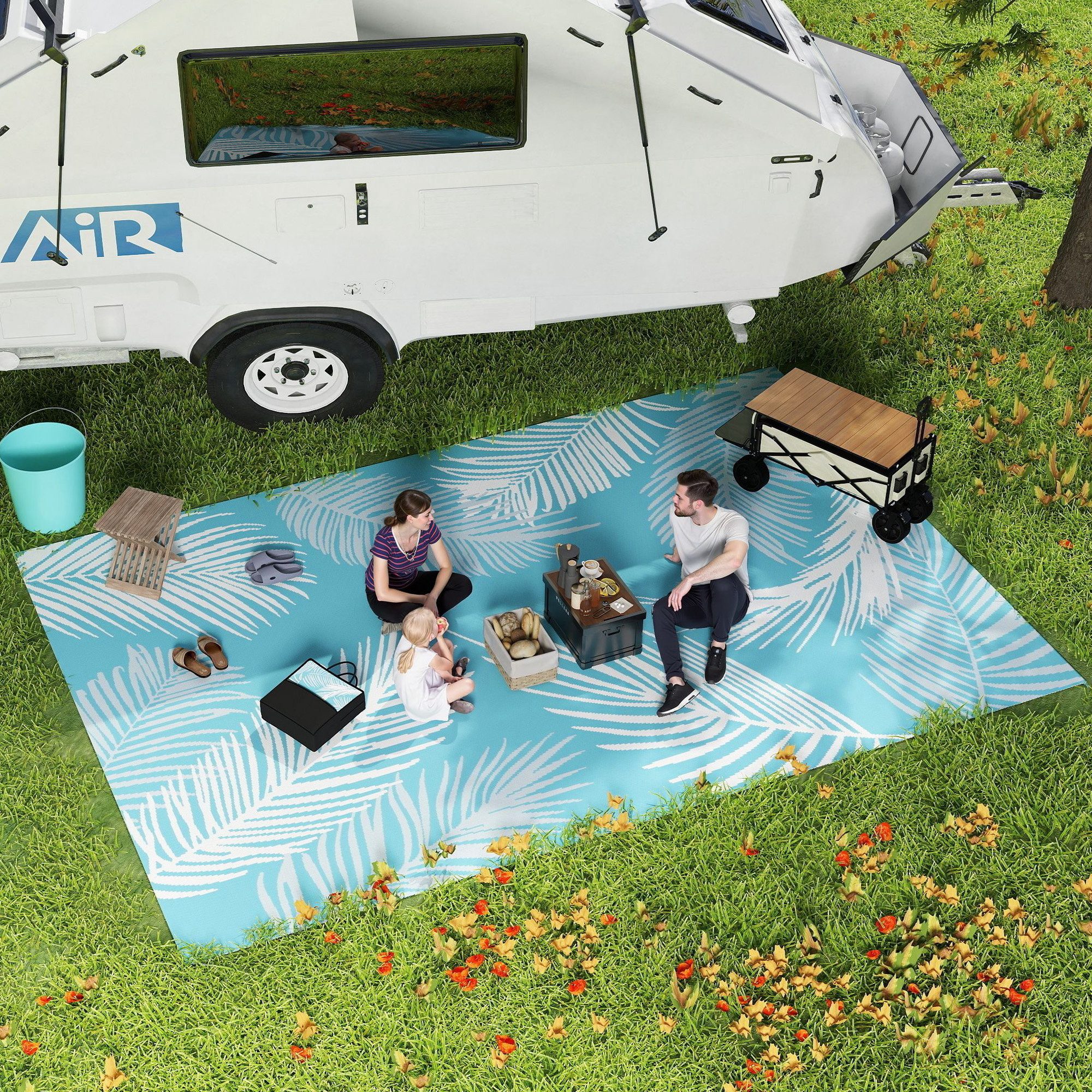 Outsunny Outdoorteppich wendbarer robuster Wetterfest Outdoor Teppich mit Tragetasche, rechteckig, Höhe: 0.3 mm, für Balkon Garten Terrasse Bad Flur Küche 274 x 182 cm Hellblau+Weiß