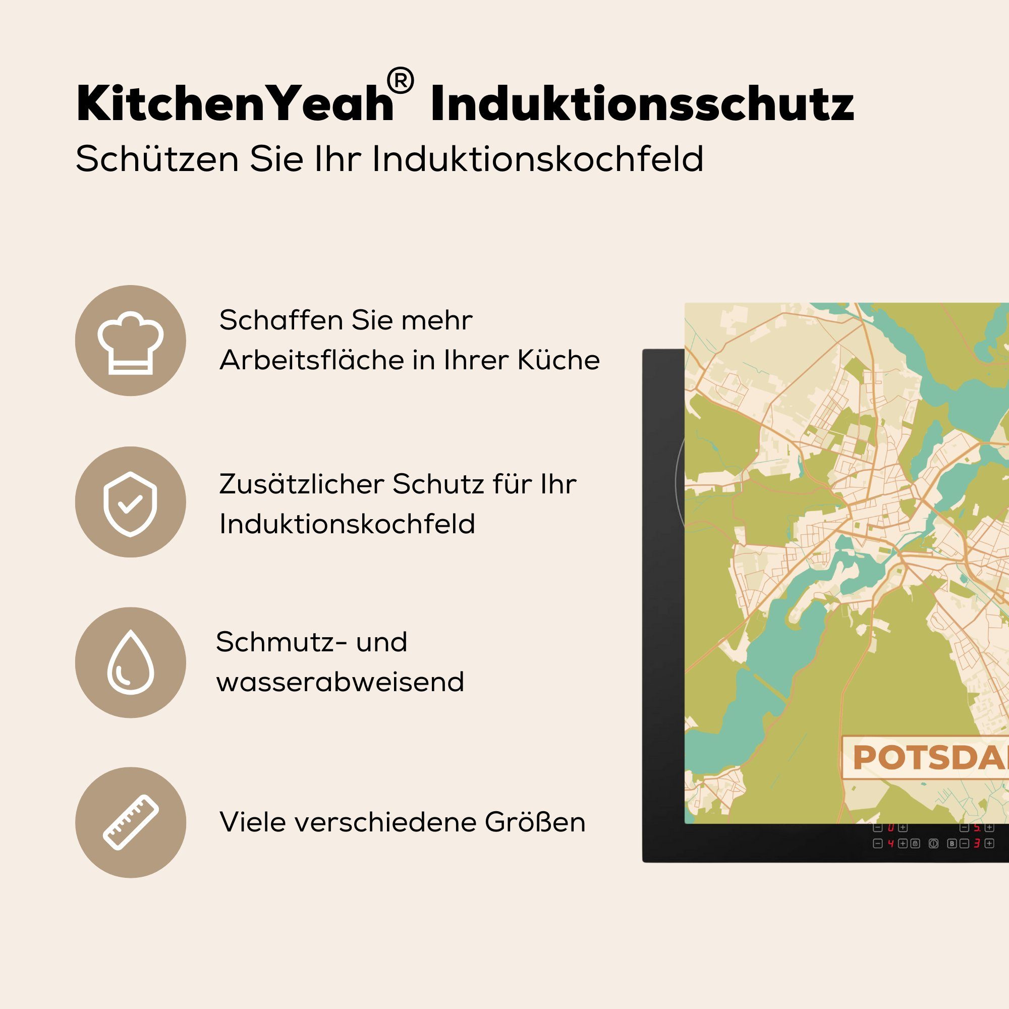 Vintage 78x78 Arbeitsplatte Ceranfeldabdeckung, Karte, MuchoWow - tlg), Potsdam Stadtplan - Vinyl, cm, (1 Herdblende-/Abdeckplatte - für küche