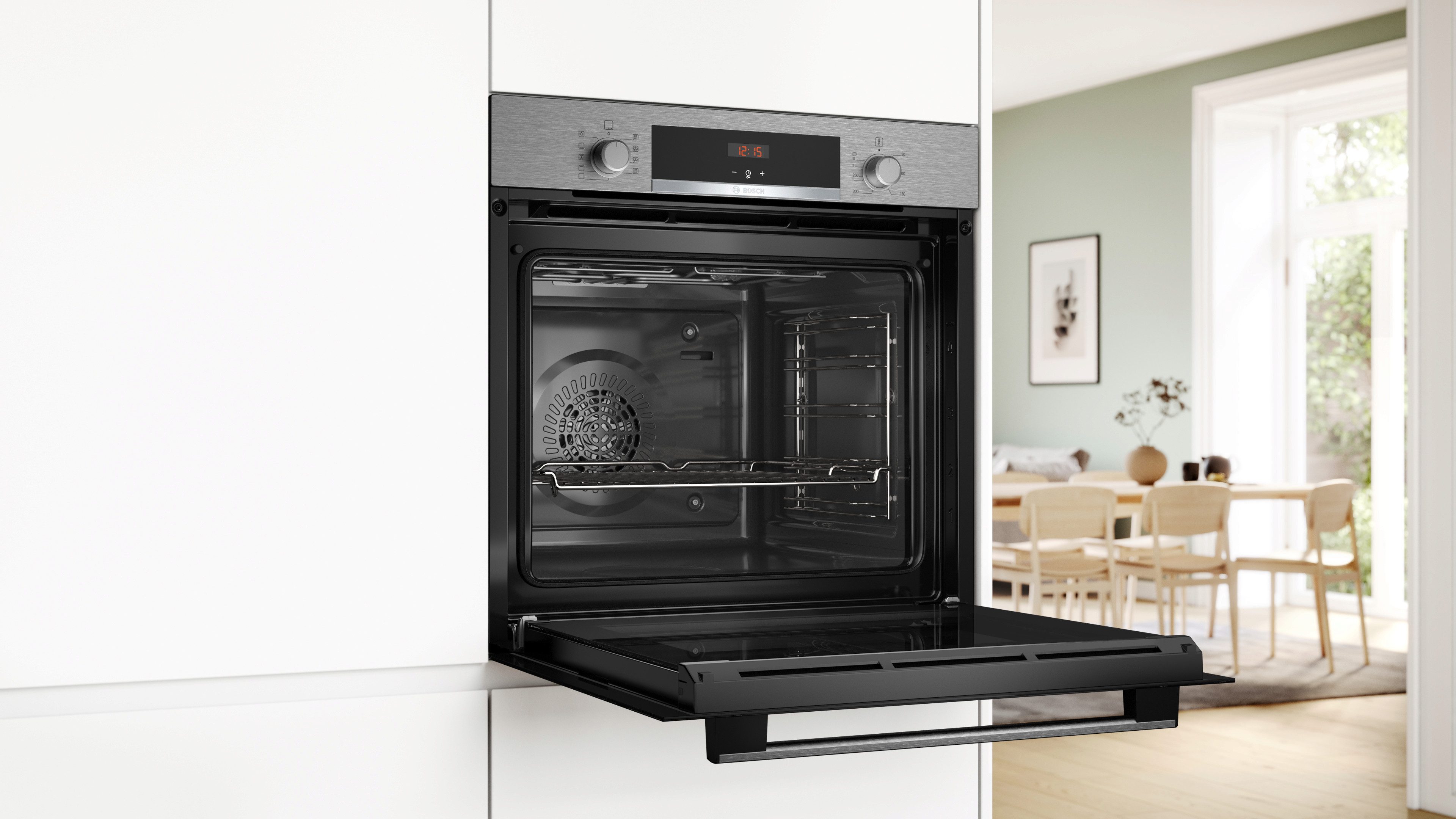 BOSCH Backofen Serie 4 HBA514BS3, mit Teleskopauszug nachrüstbar, Hydrolyse, 3D Heißluft Funktion für eine gleichmäßige Hitzeverteilung