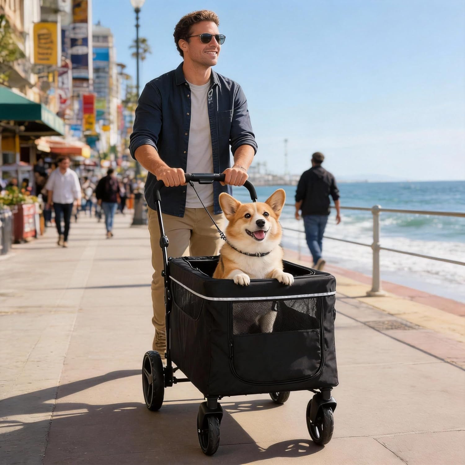 GarveeMore Haustierstrandkorb 2-in-1 Hundewagen, Heckklappe & Ramp, 360° Räder, Für Große und Mittelgroße Hunde, Verstellbarem Griff & Feststellbremse