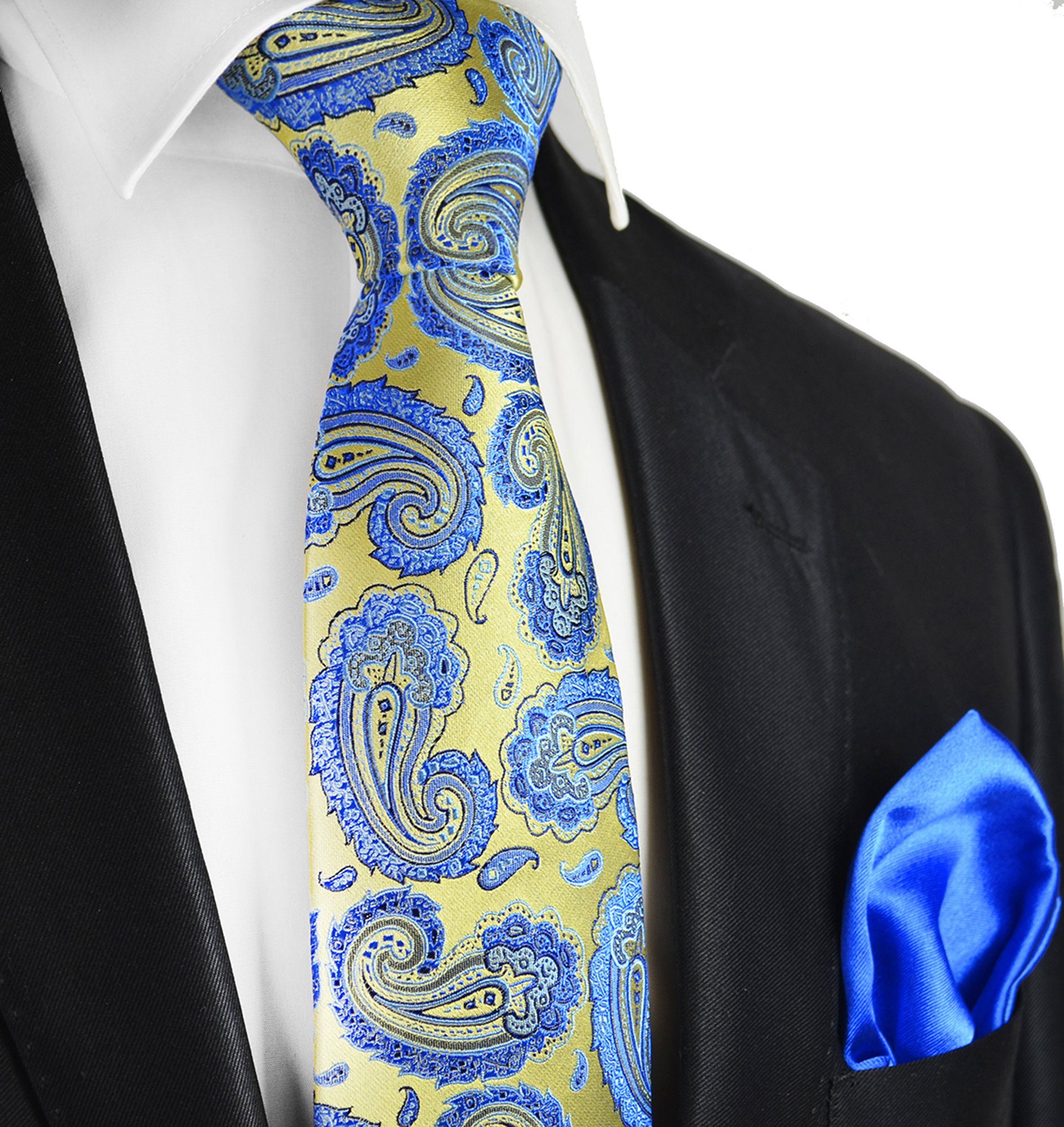 Paul Malone Krawatte 7-Fold Seidenkrawatte Schlips modern elegant 100% Seide paisley (Set, 2-St., mit Einstecktuch) gold blau S13977-9