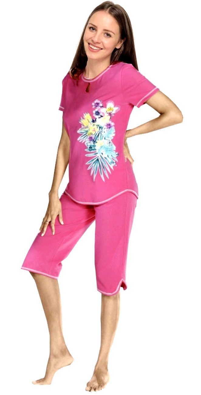 Consult-Tex Capri-Pyjama DF474 Damen Capri Bermuda Pyjama, Schlafanzug (Spar-Set, 1 Set) Oberteil mit gerundetem Saum