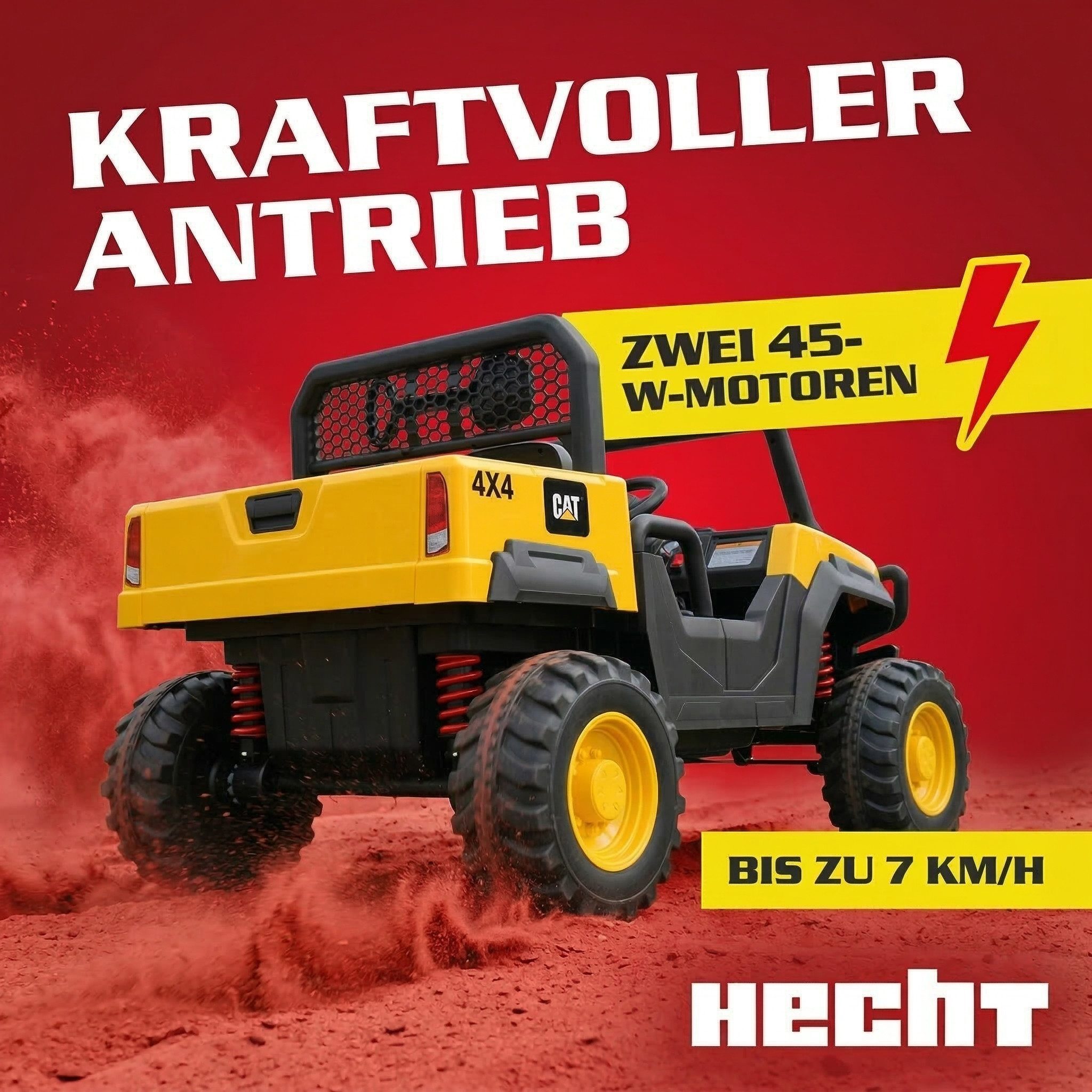 Hecht Elektro-Kinderauto CAT UTV lizensiertes Akku Kinder E-Auto, bis 7 km/h, 12V/10 Ah, Belastbarkeit 30 kg, bis 30kg, Radio, Fernbedienung, 2x45W, USB, AUX; SD, Schaufel