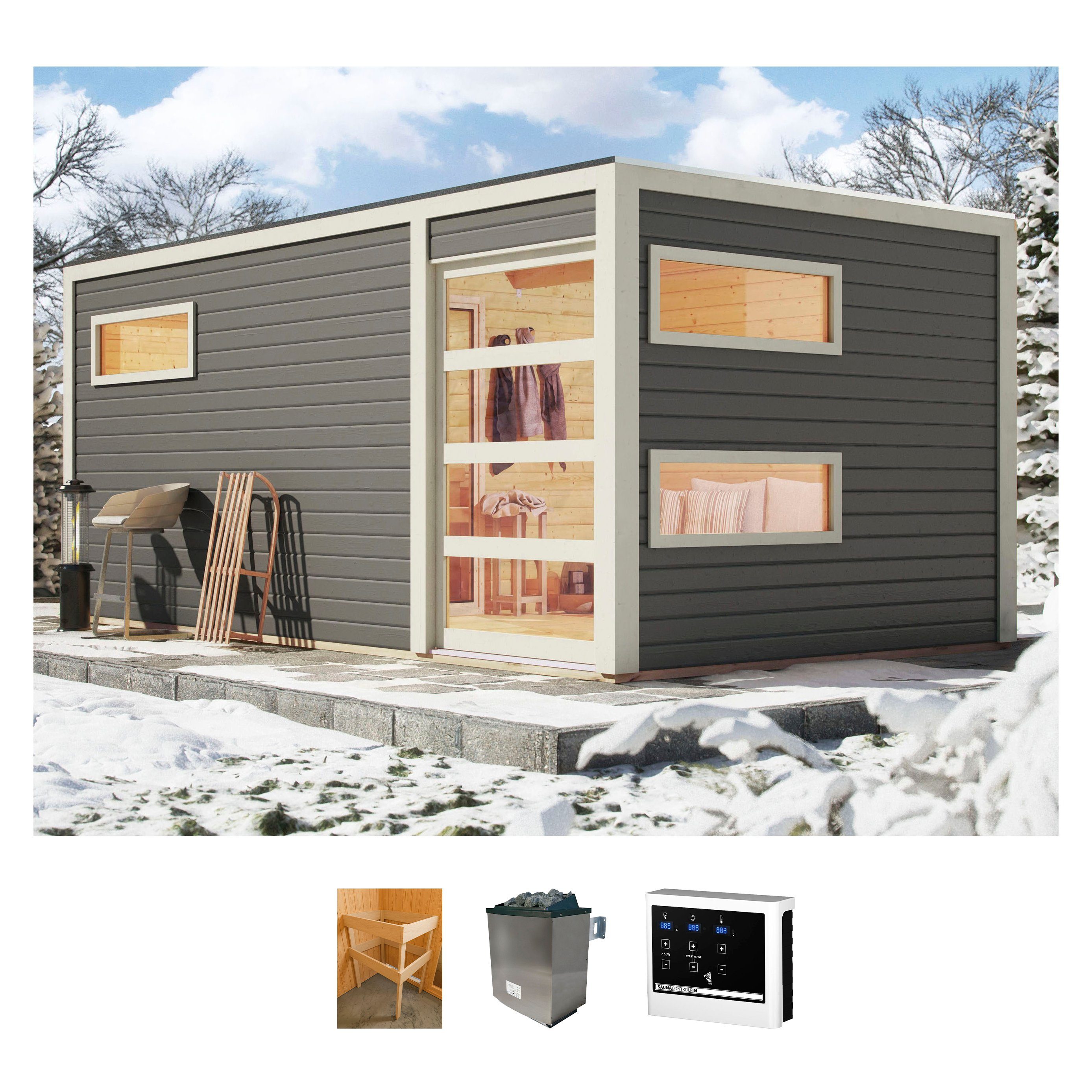 KONIFERA Saunahaus Hagen, BxTxH: 508 x 276 x 221 cm, 38 mm, (Set) Ofen 9 KW externe Strg easy