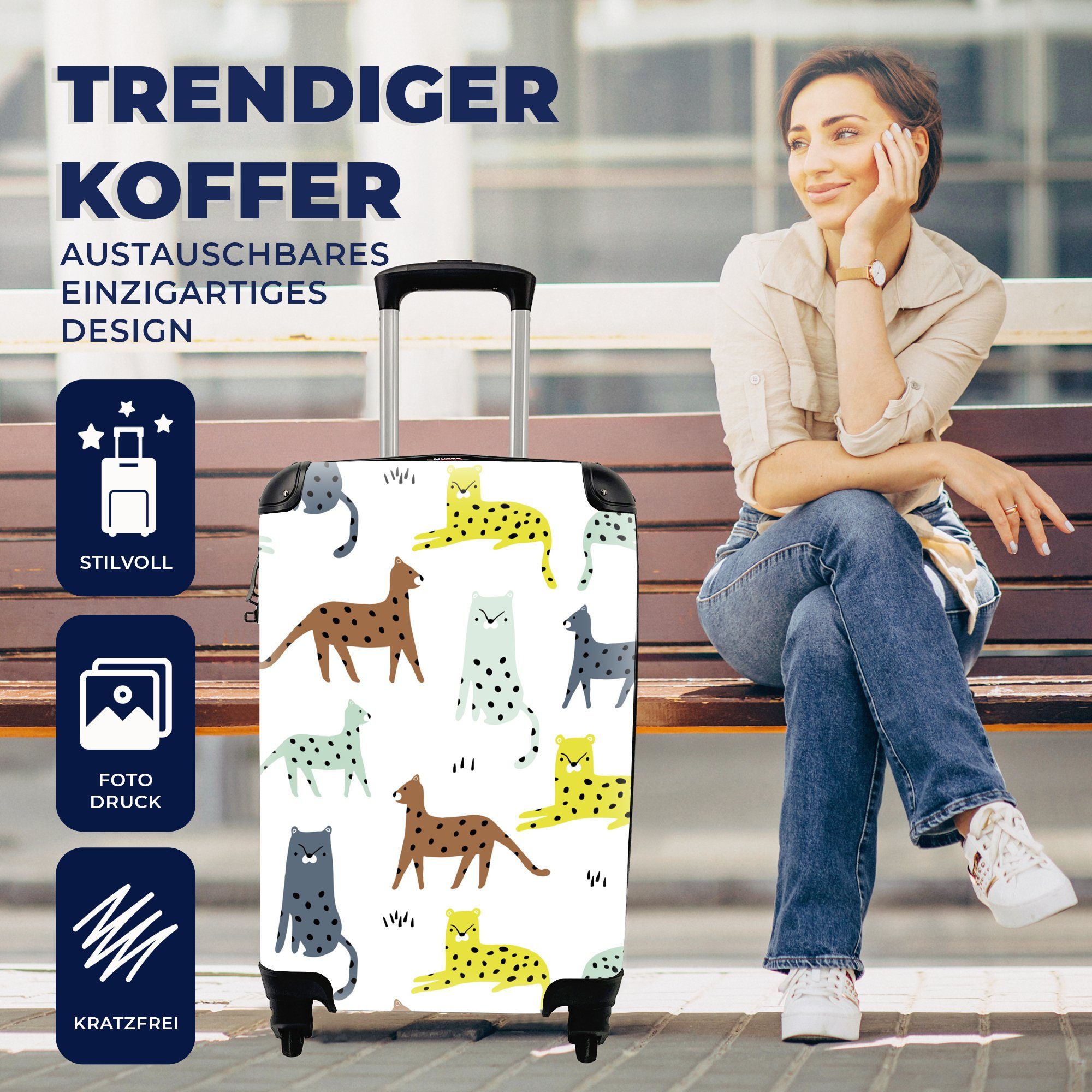 Handgepäckkoffer MuchoWow Ferien, Handgepäck Trolley, mit Rollen, rollen, 4 Katze für Dschungel Reisetasche Reisekoffer - Farben, -
