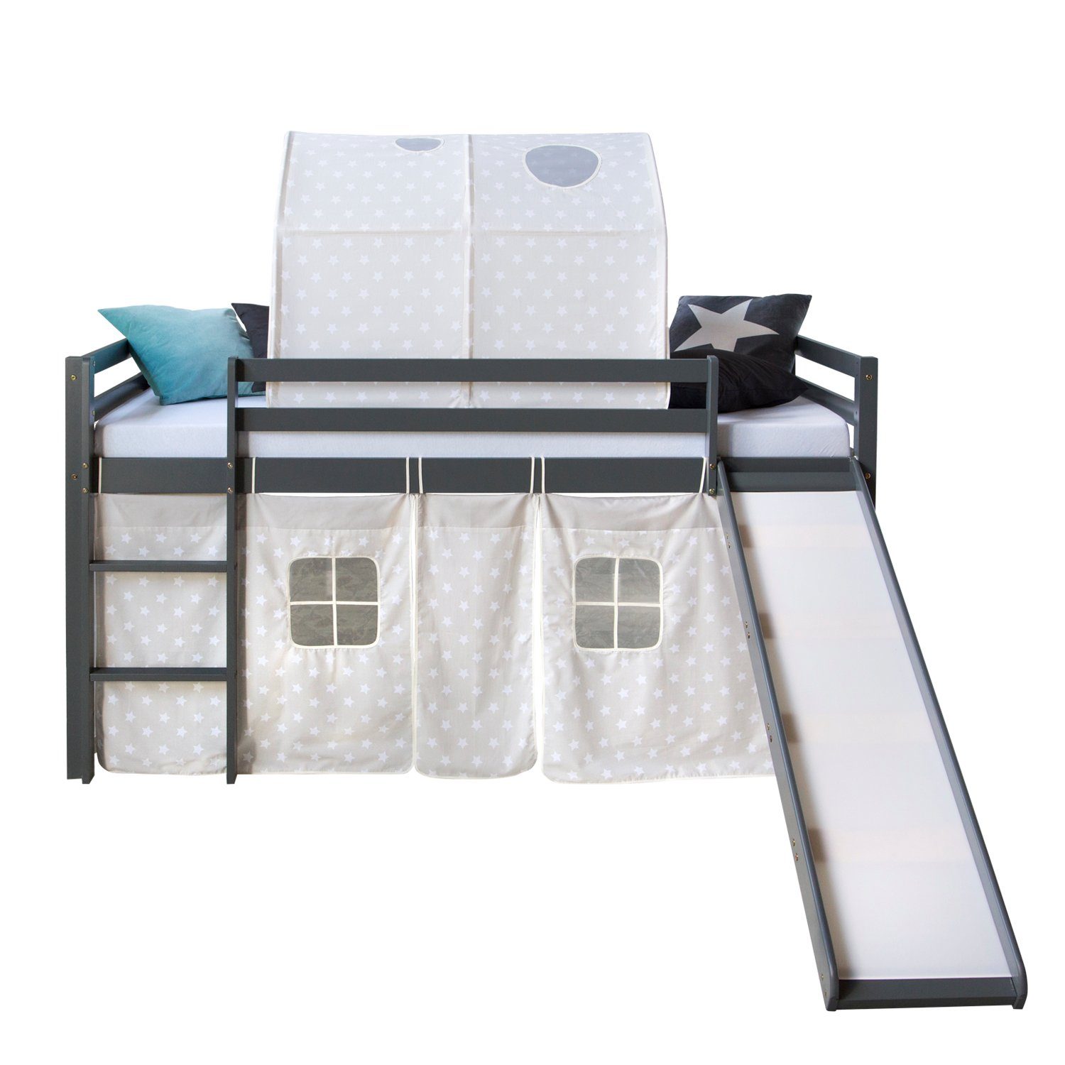 Homestyle4u Hochbett 90x200 mit Vorhang Rutsche und Tunnel in Grau Sterne 1 günstig online kaufen