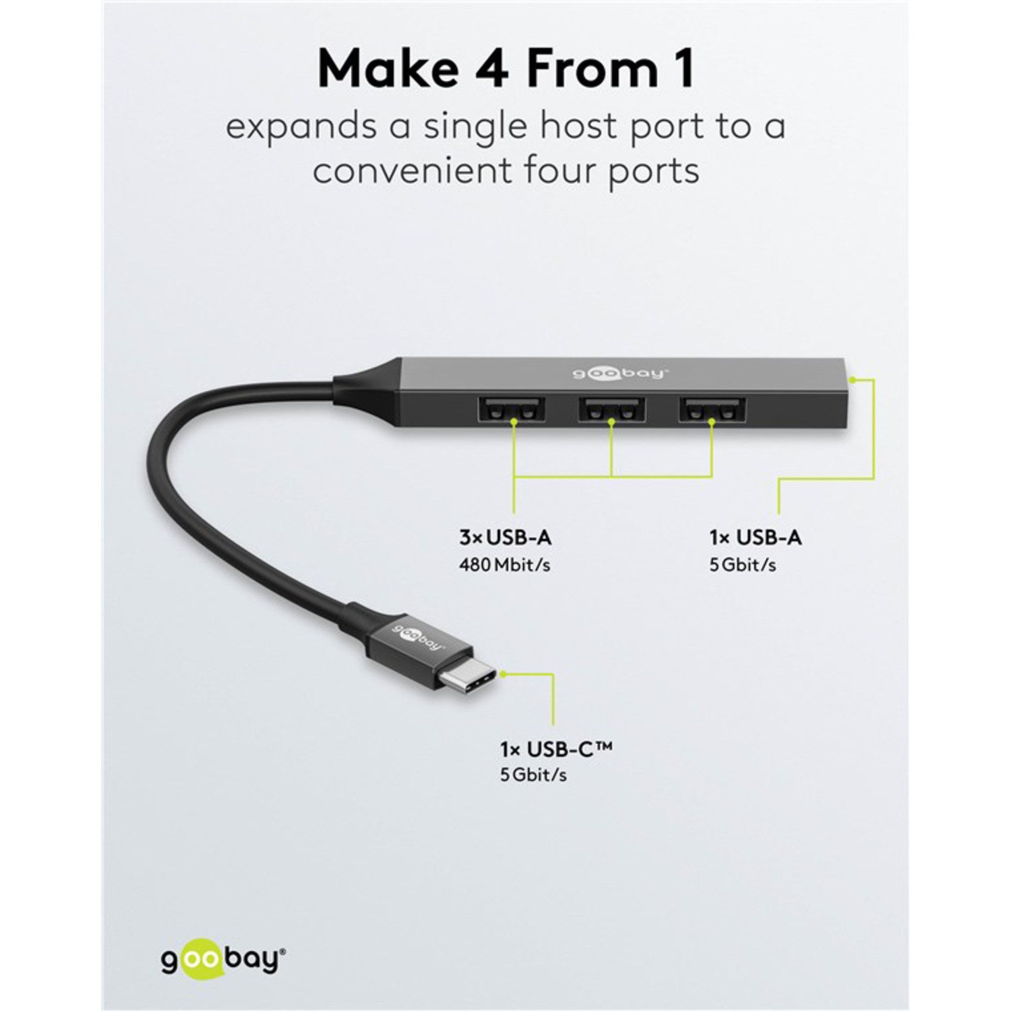 Goobay goobay Slim 4-Port USB-Hub, USB-C auf USB-A, USB Netzteil