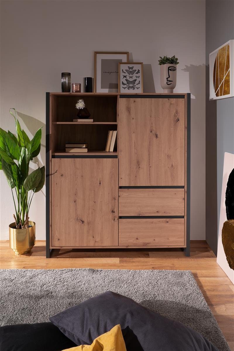 möbelando Highboard Highboard "Arvada I", Highboard im Dekor Artisan Eiche mit grifflosen Öffnen durch Dachschrägenprofil. Blende und Rahmen aus MDF im Farbton Anthrazit. Breite 120 cm, Höhe 140 cm, Tiefe 40 cm