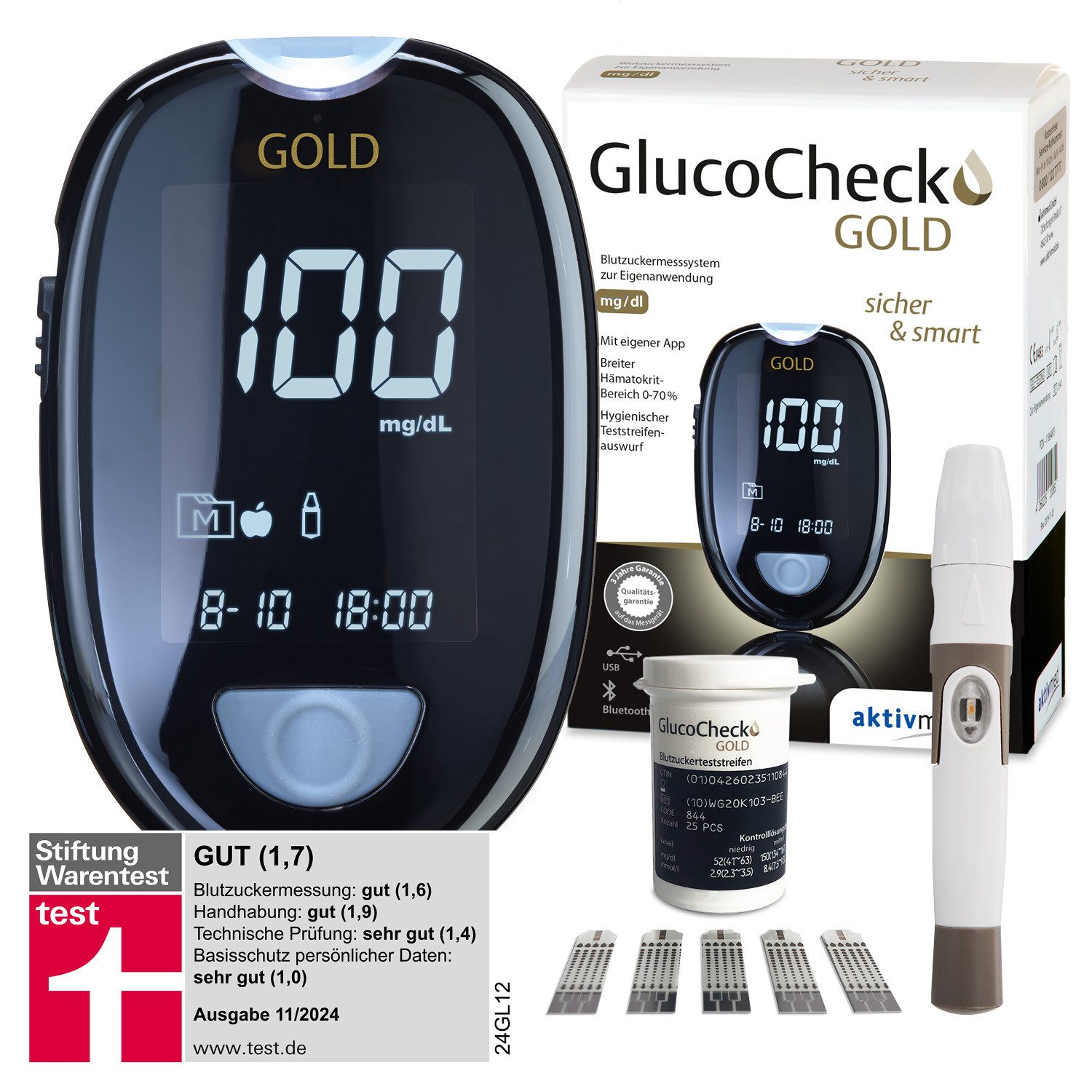 GlucoCheck Blutzuckermessgerät GlucoCheck GOLD Blutzuckermessgerät, 1 Stück mg/dl