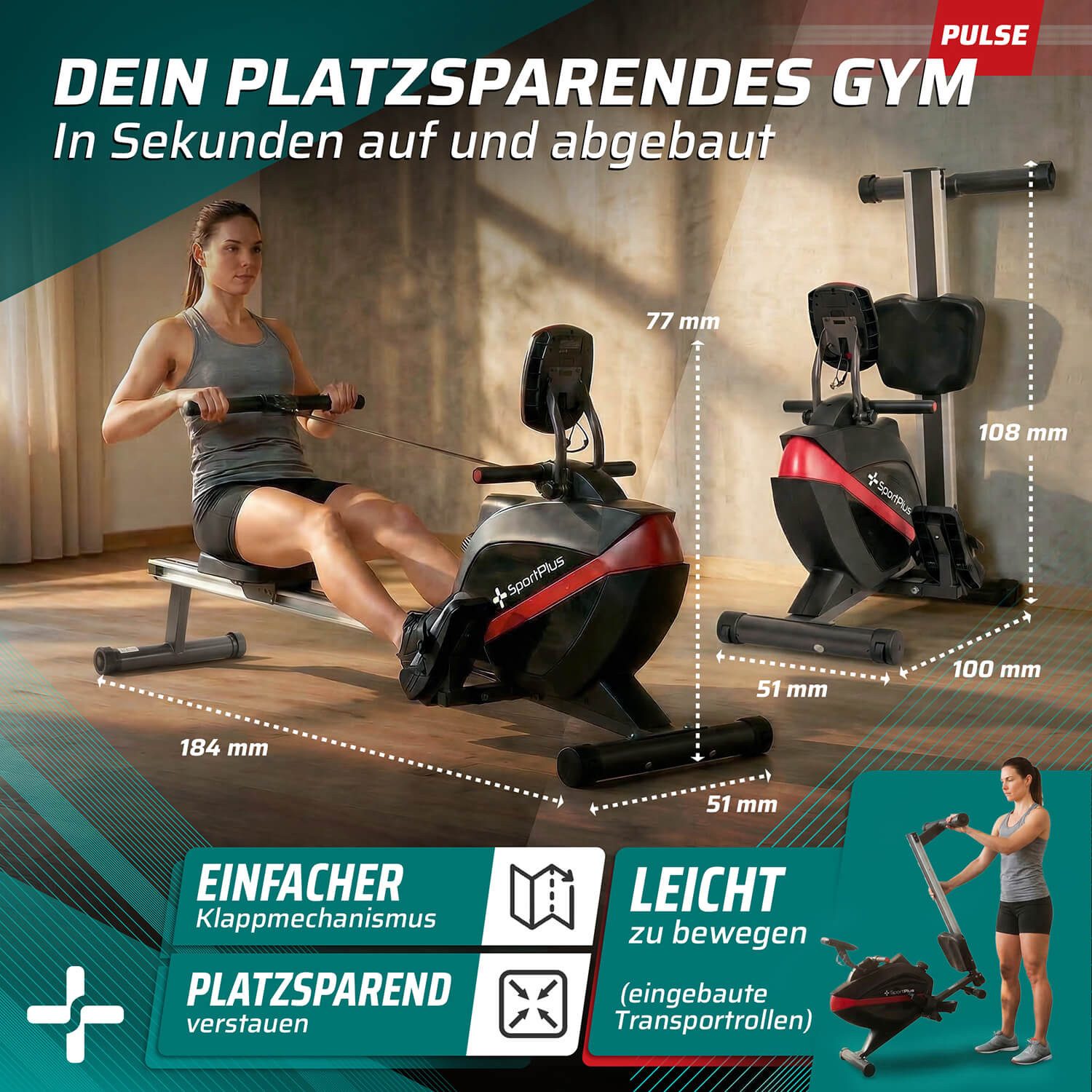 SportPlus Rudergerät Klappbar Schwarz, Magnetbremse, 8 Widerstandsstufen, 8 kg Schwung., 8 Widerstandsstufen, Rudermaschine, Magnetbremssystem, klappbar