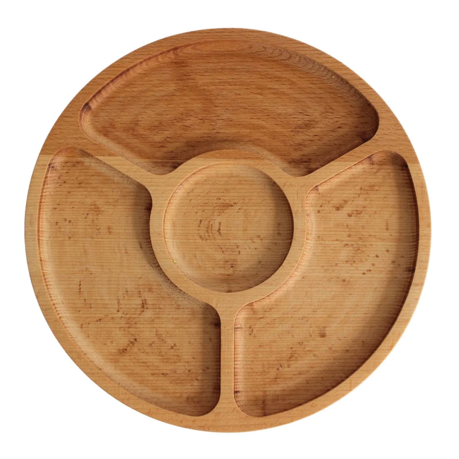 BRIZOLL Kochbesteck-Set Ø25cm Servierplatte aus natürlichem Holz (mit 5 geteilten Fächern), Board