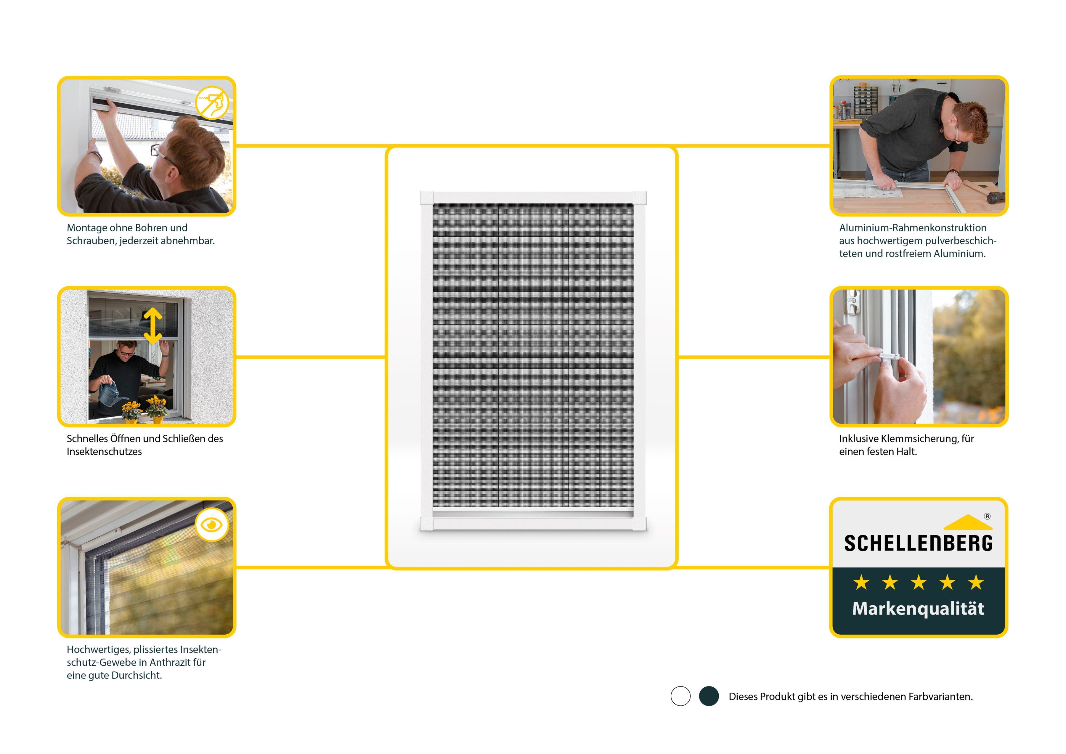 Insektenschutzrollo für Fenster in weiß ohne bohren, SCHELLENBERG, Fliegengitter-Plissee einfache Einhänge-Montage, 140 x 150 cm