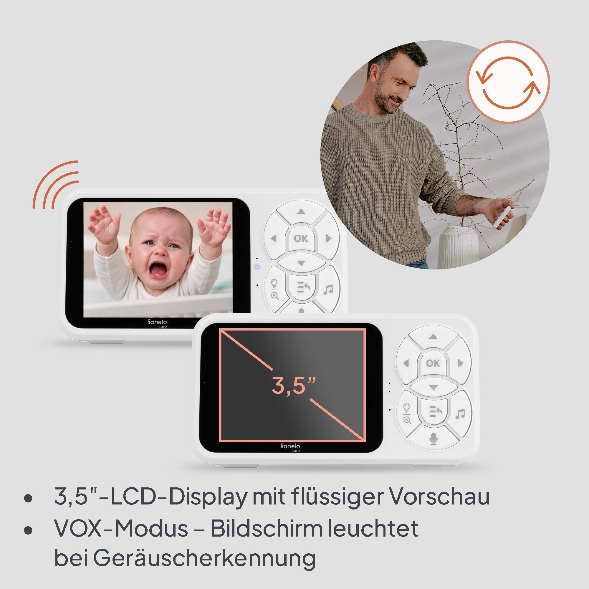 lionelo Video-Babyphone BABYLINE 3.4, Set, Multifunktionale Babyüberwachungskamera, 3,5”LCD/VOX/2,4GHz/Nachtsicht/RGB-Licht/4x Zoom