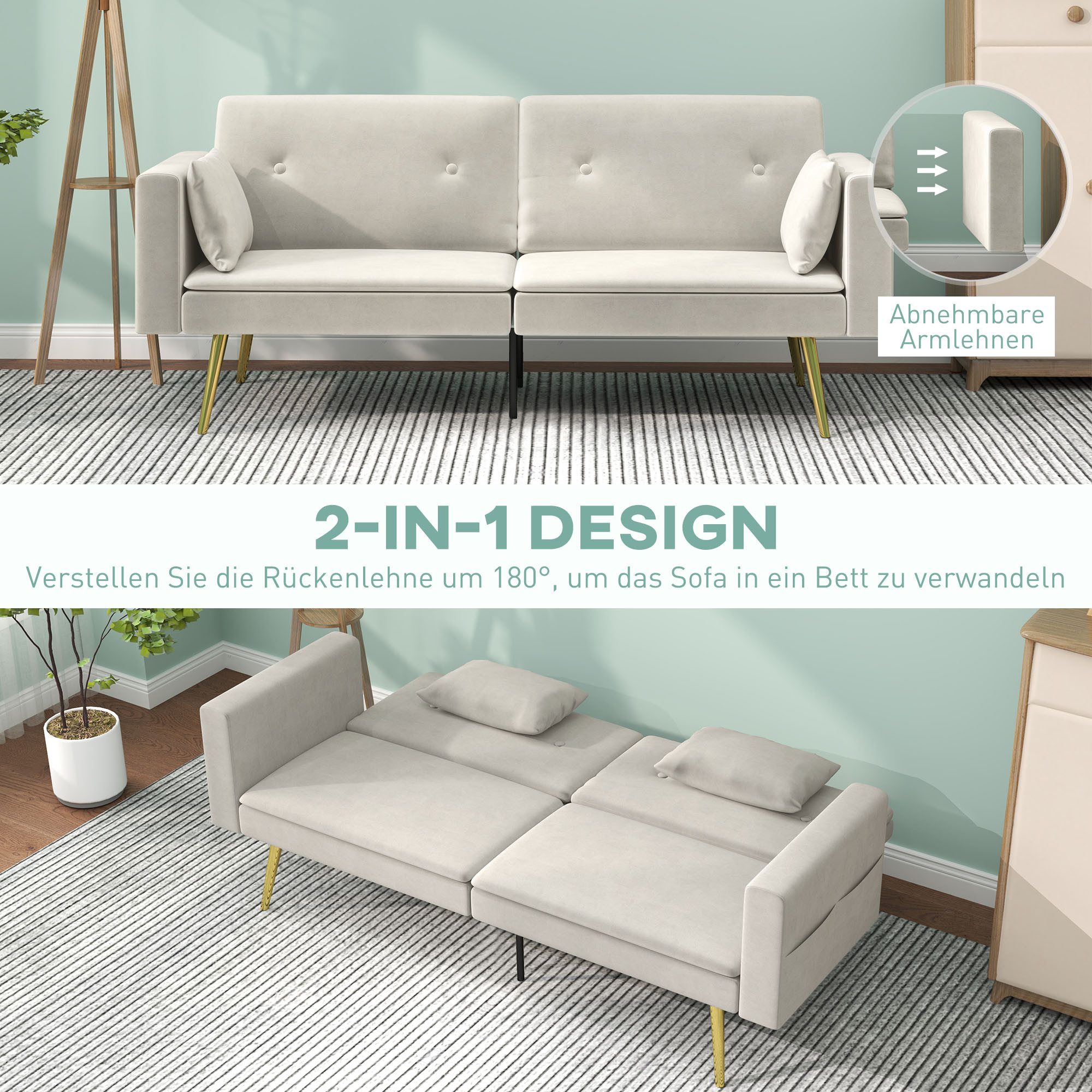 HOMCOM Schlafsofa Schlafcouch mit verstellbarer Rückenlehne, Seitentasche, Kissen, 2er-Sofa 1 Teile, für Wohnzimmer, Schlafzimmer, Beige – Bild 4 von 5