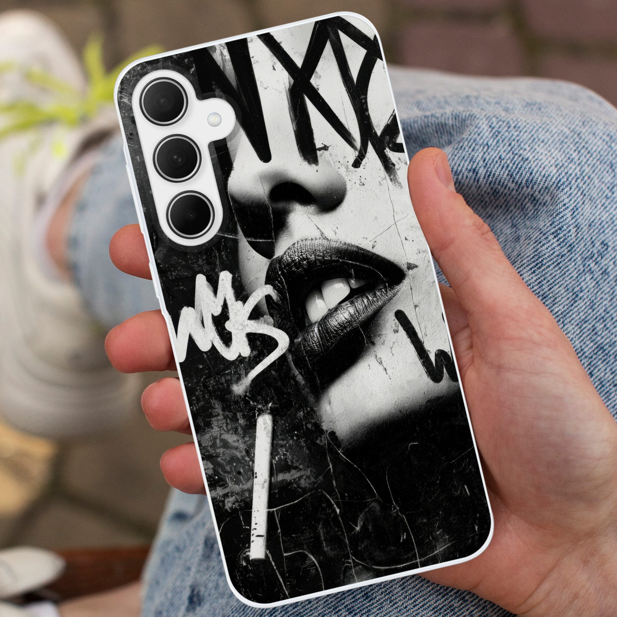 MuchoWow Handyhülle für Samsung Galaxy A35 5G Gesicht - Mund - Graffiti - Schwarz, Smartphone-Bumper, Print, Handy Schutzhülle Dünn