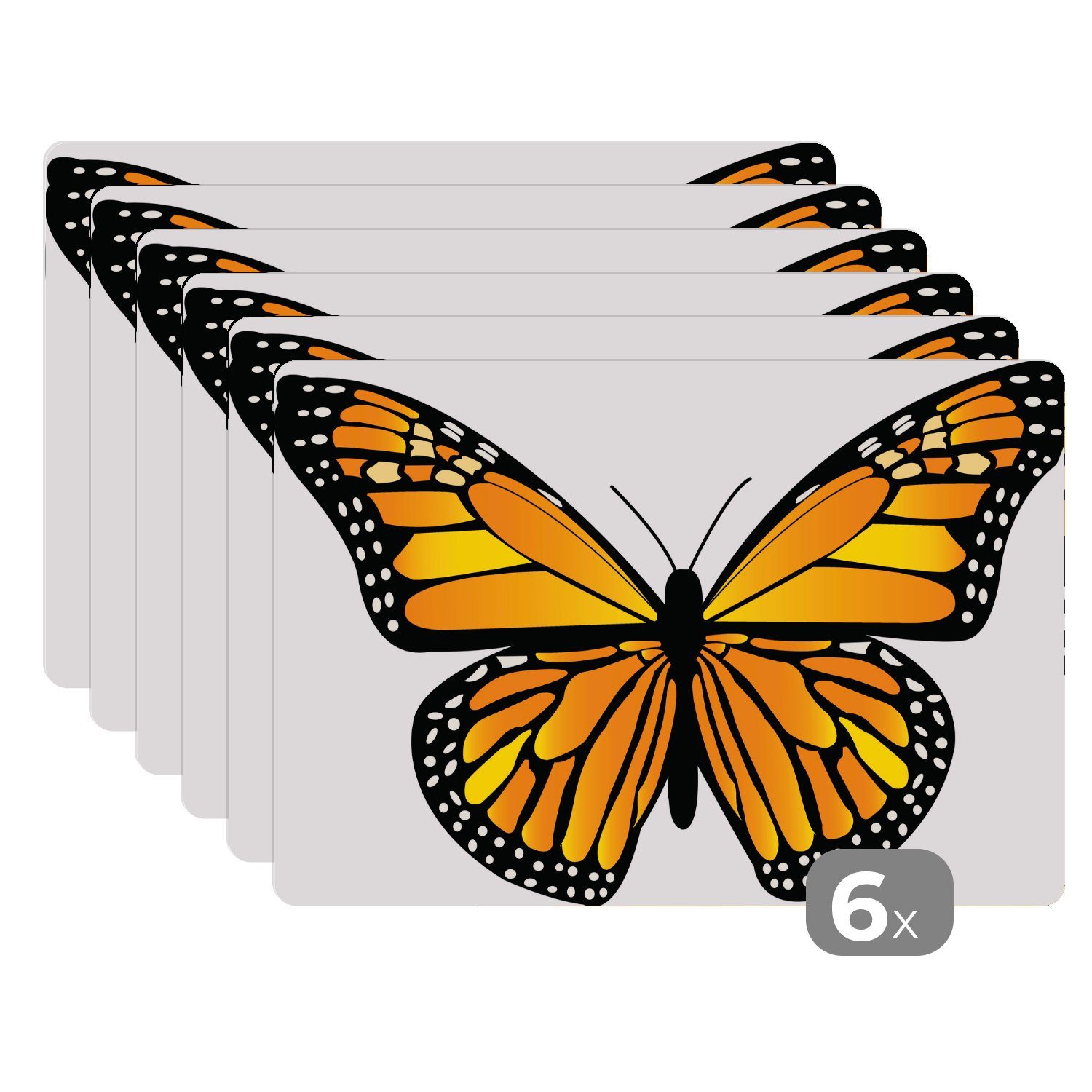 Platzset, Eine Illustration eines gelb-orangen Schmetterlings, MuchoWow, (6-St), Platzset, Platzdecken, Platzmatte, Tischmatten, Schmutzabweisend